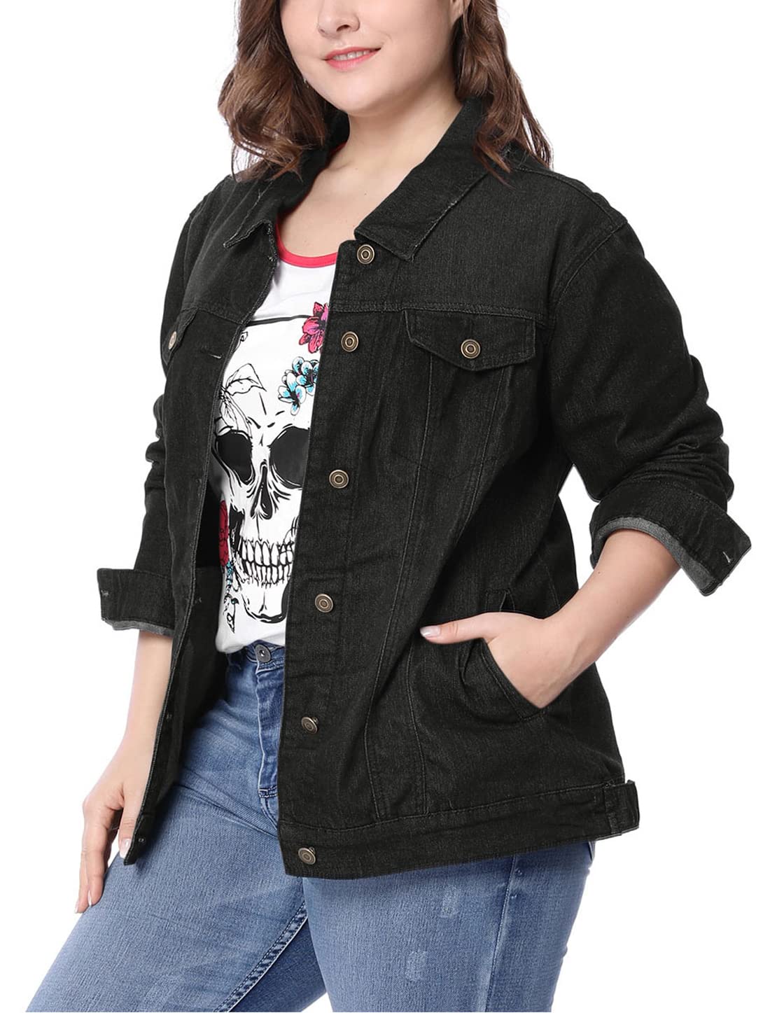 uxcell Women's Plus Size Jean Jacket Stitching Button Front Washed Western Outfit Denim Jacket