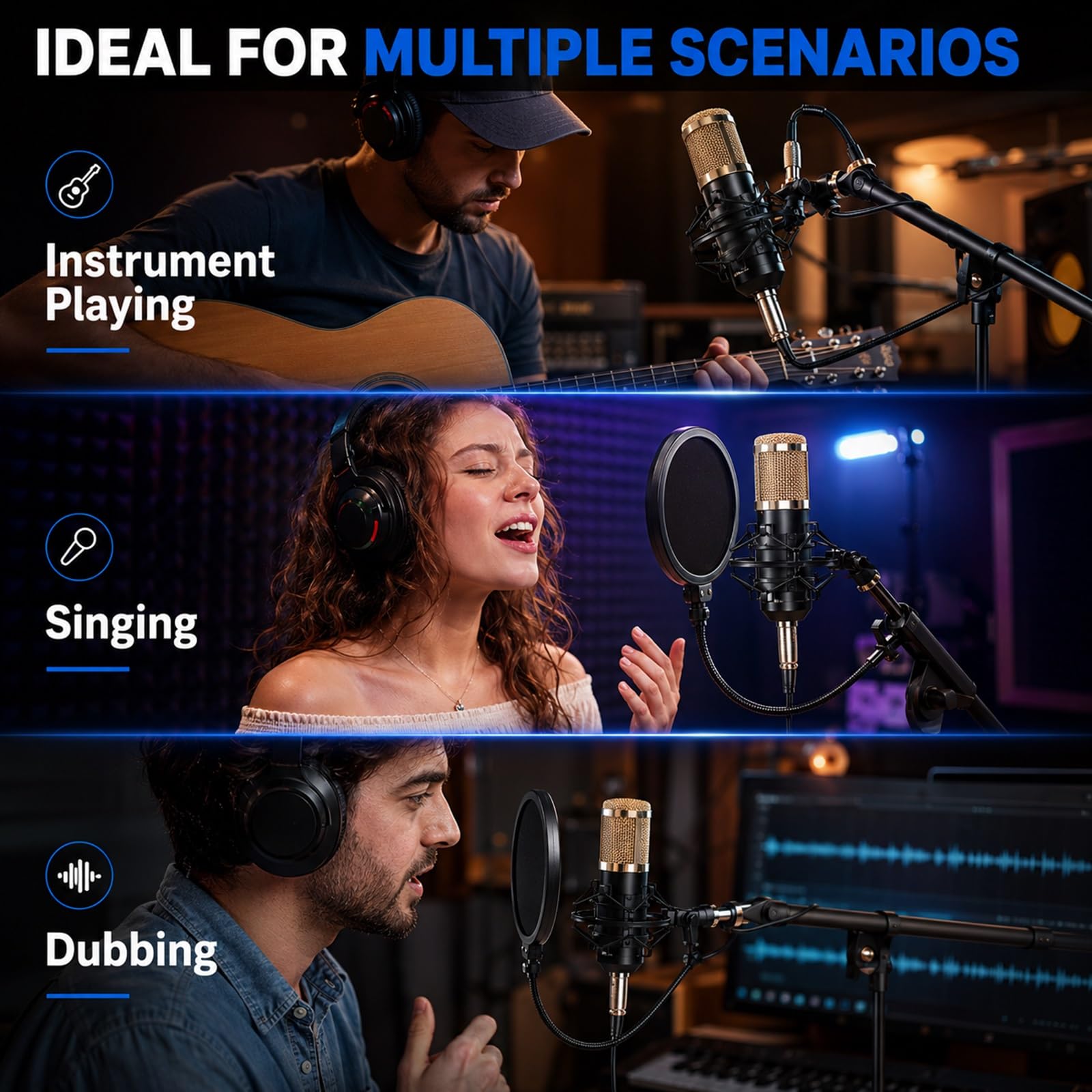 Interfaz De Audio Profesional Con 2 Micrófonos Condensador Y Tarjeta De Sonido Para DJ, Paquete De Equipo Para Podcast Para 2 Personas, Kit Podcast Para Principiantes Para Juegos De PC(Negro)