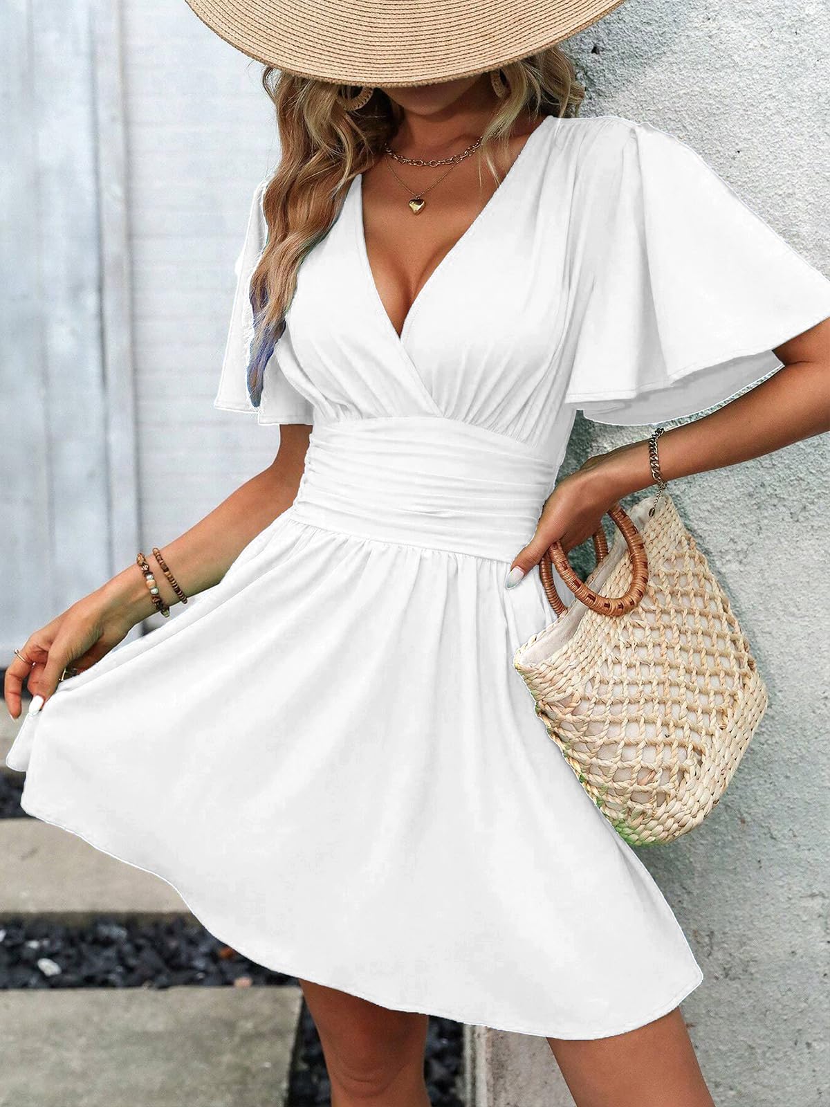 LIAMERHE Vestido Manga Larga/Manga Corta Mujer Casual Vestidos Largos Cuello en V Elegante Dress de Manga Farol Vestido línea A Mangas Mariposa