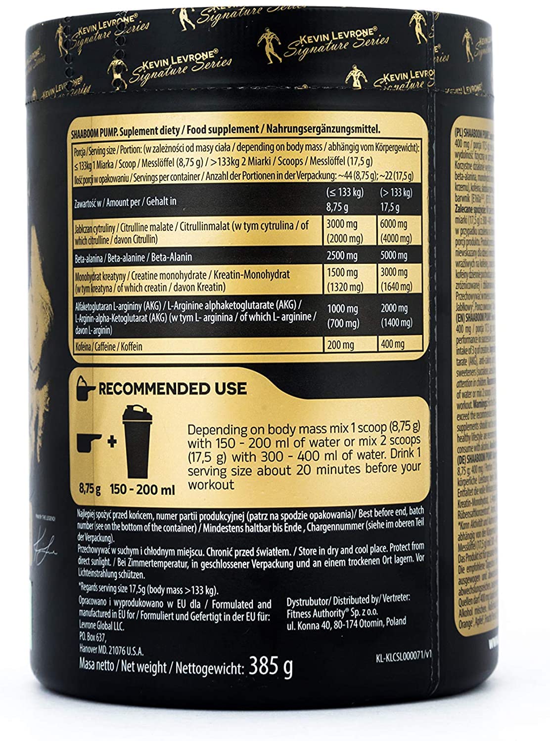 Fitness Authority KEVIN LEVRONE Shaaboom Pump Black Line Pre-workout Booster | 385g je Behälter | Geschmack: Mango-Lemon | Hardcore Pump Training Pulver | Citrulin Koffein Beta Alanin