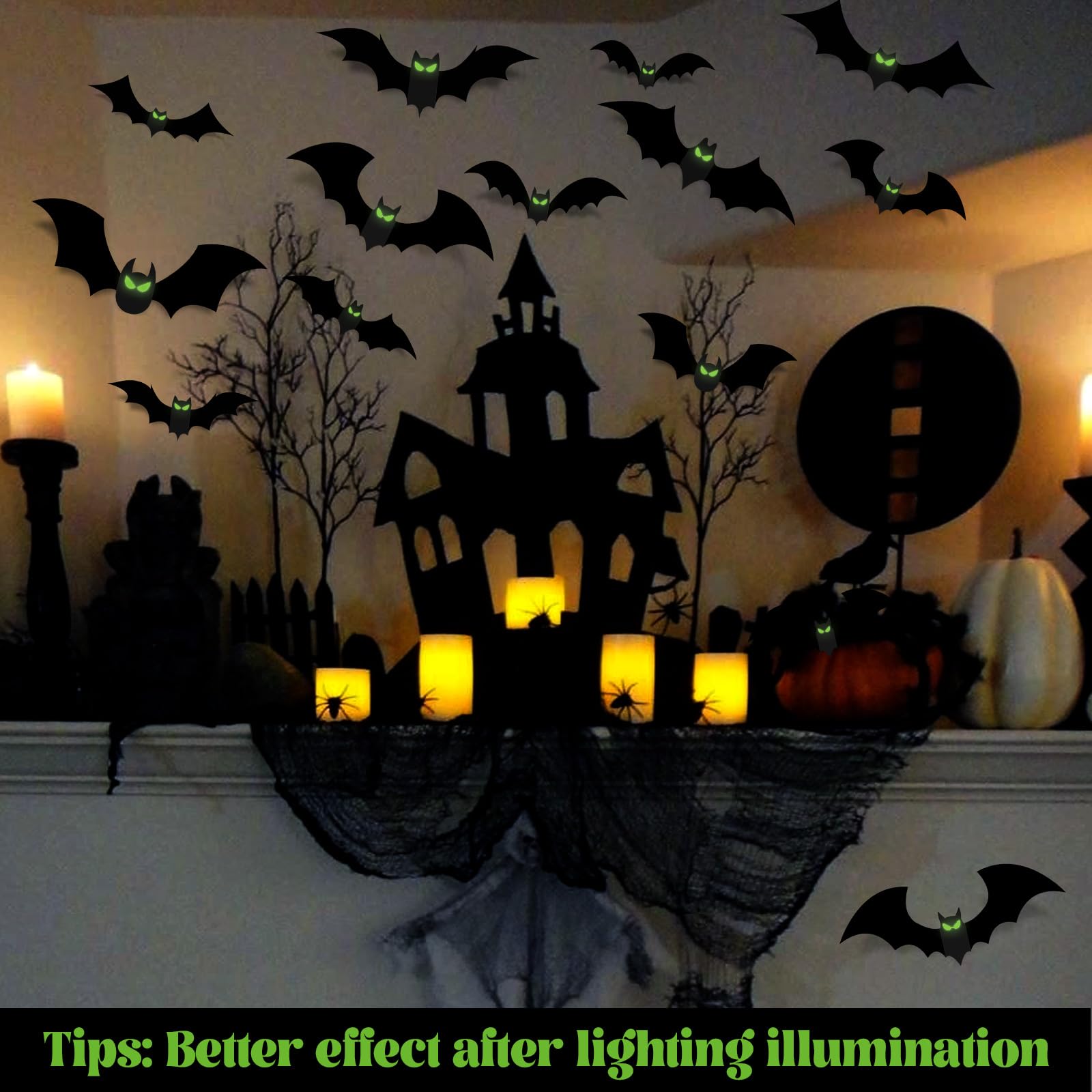 GANAZONO Lot de 2 décorations d'Halloween chauve-souris avec yeux lumineux - Décoration de fête d'Halloween à suspendre