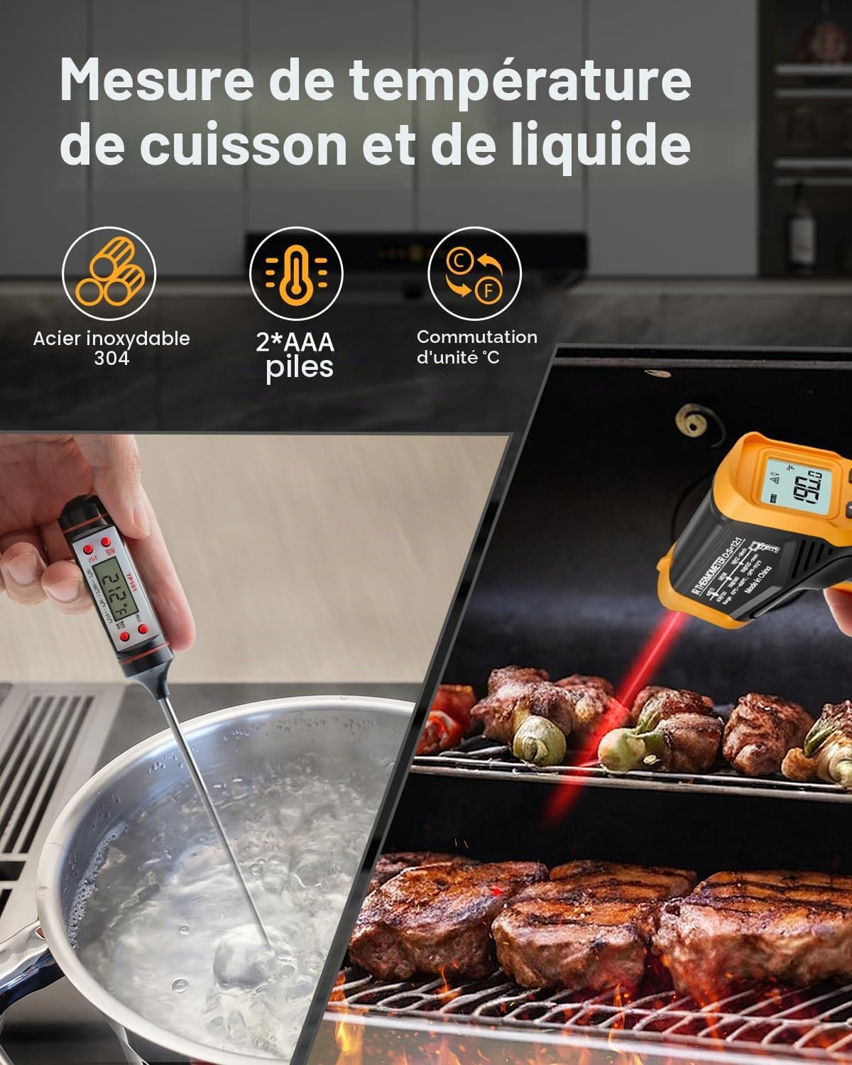 Eventek Thermometre Laser, -50 ° C ~ 600 ° C (-58 ° F ~ 1112 ° F) Thermomètre Infrarouge Sans Contact avec Emissivité Réglable, thermometre four a pizza pour Cuisine/BBQ/Industrie Thermomètre à Viande