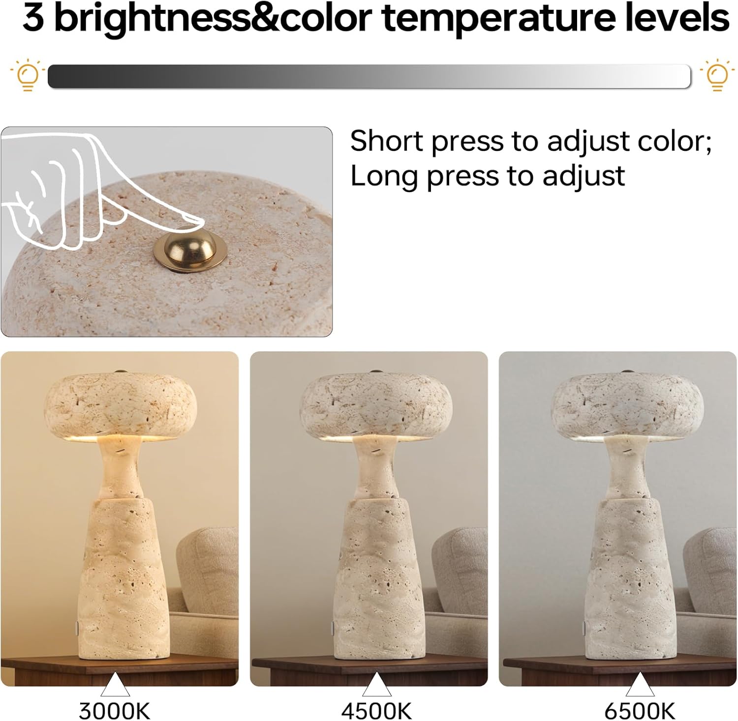 Cave Stone Table Lamp, Natural Yellow Travertine Lamp, Three-Color Temperature Dimmable LED Compact Table Lamp, Dining Room Bedroom Ambiance Decorative Light.