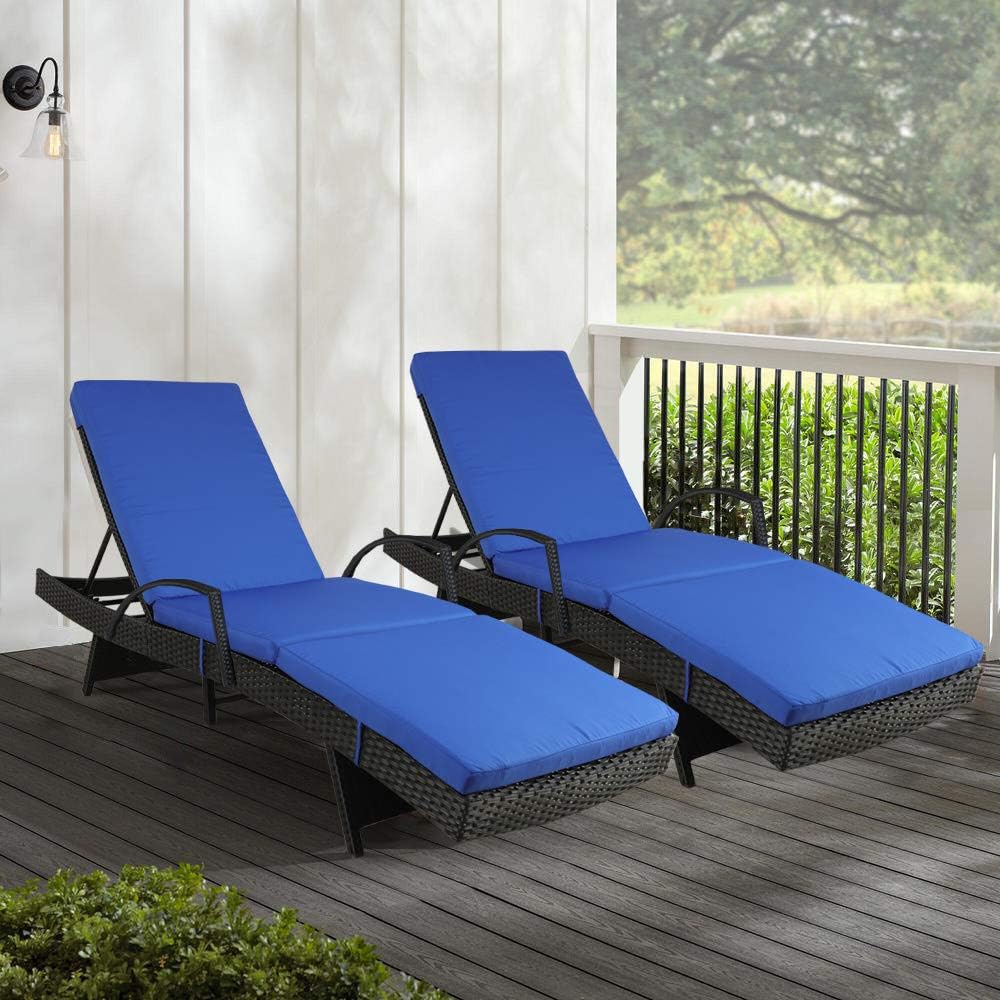 Patio Royal Blue Rattan Armed Lounge Chair Outdoor Wicker Garden Furniture Black Beach Swimming Pool Use Sunbed 2 Chairs and 2 Cushions and Covers