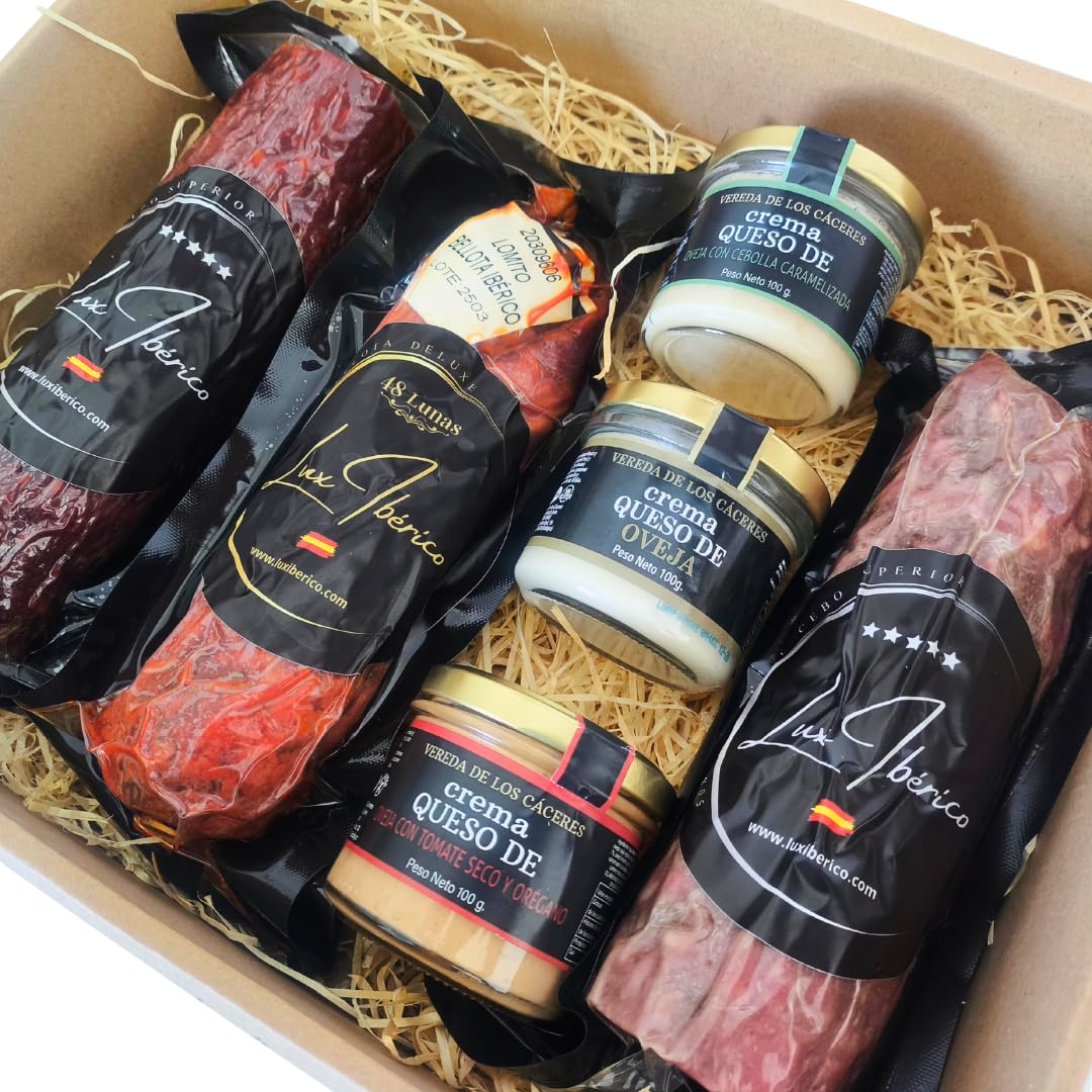 LUX IBÉRICO - Cesta Olissipo, Cremas de Queso y Embutido Ibérico | Cesta gourmet con 3 cremas de queso, velón de chorizo y salchichón ibérico y lomito de bellota, 2,5Kg