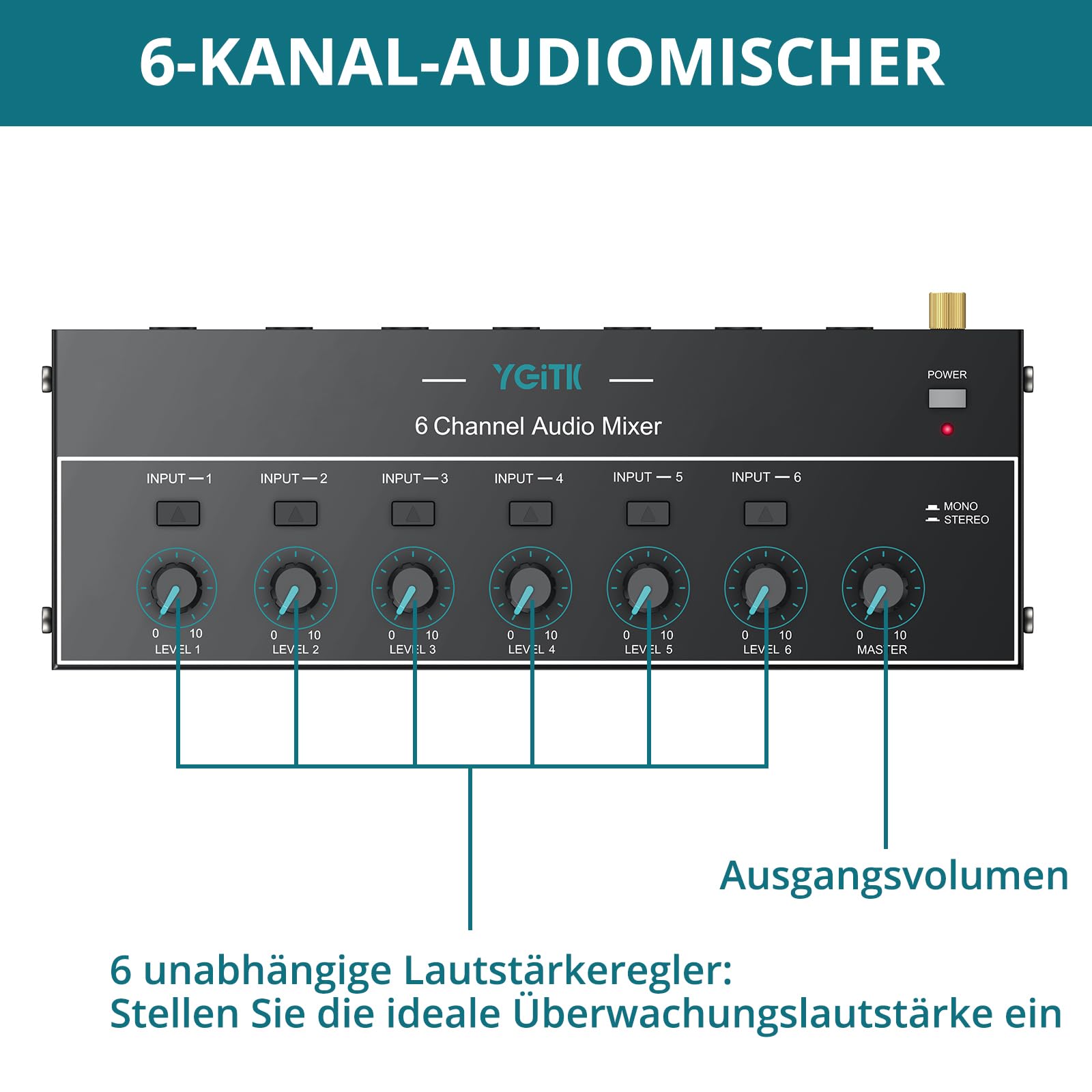 Audio Mixer 6 Kanal Stereo Audiomischer 6,35 mm+3,5 mm Mini-Audiomischer 6 Eingänge & 1 Ausgang, Type-C Aufladen, Ultra Niedrig Noise, mit Lautstärkeregelung