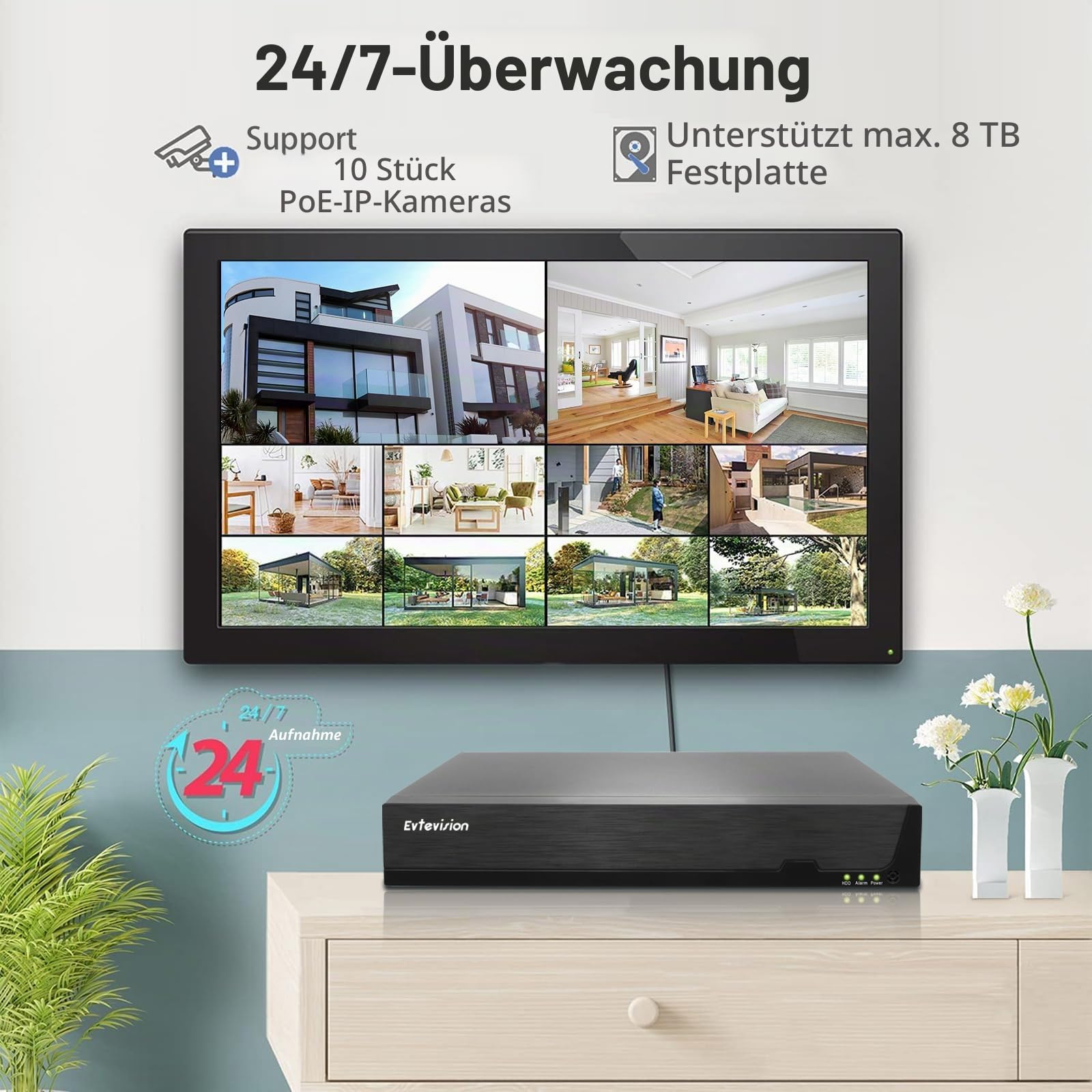 10 Kanal 4K NVR Überwachungssystem Rekorder, 10CH PoE NVR Recorder für 8MP/6MP/5MP/4MP/1080p/720p PoE IP Kamera, unterstützt ONVIF, HDMI/VGA Ausgang, Fernzugriff, H.265+