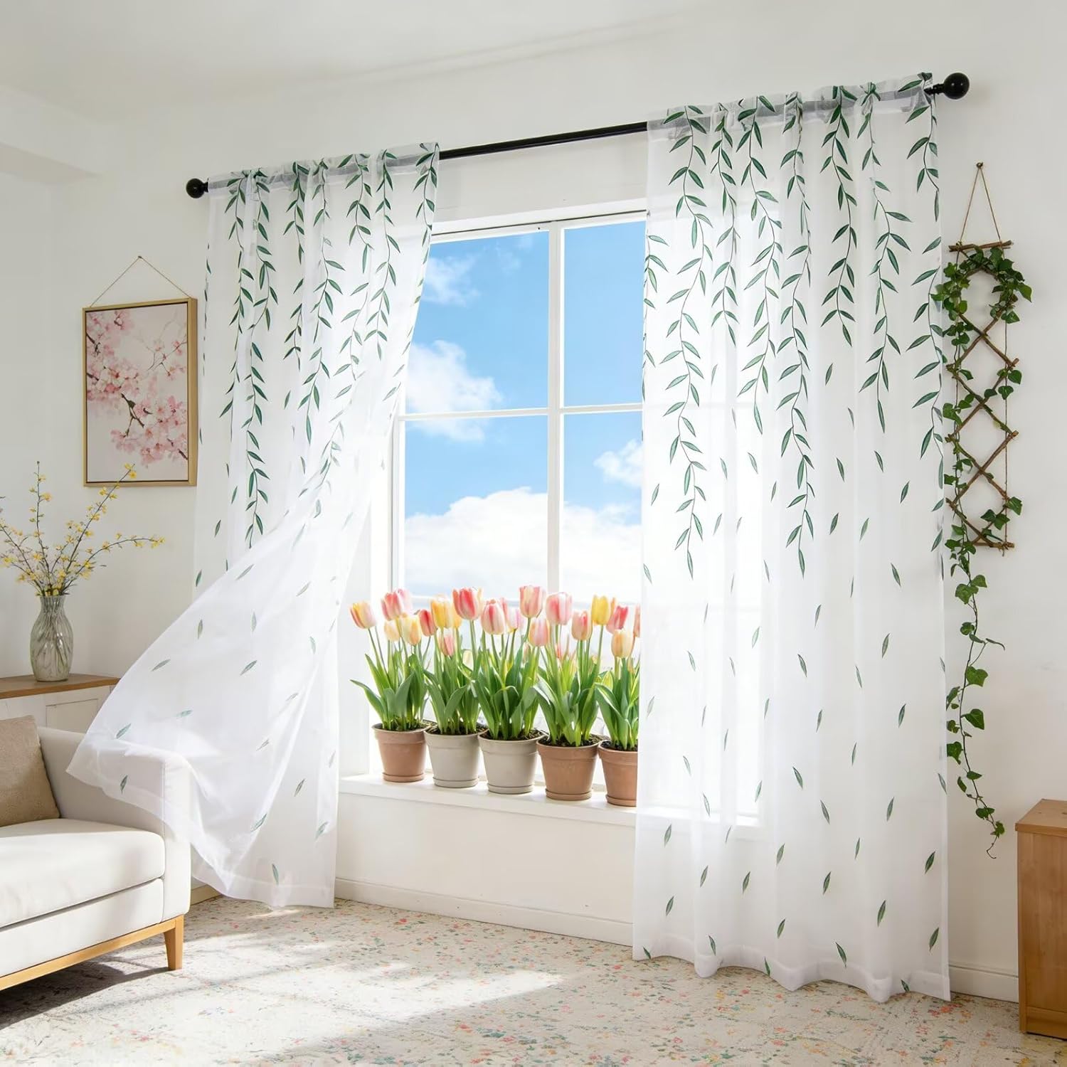 SpaceDresser Sheer Curtains 63 Inches Long, 2 Panels Embroidered Wicker Patterned Sheer Curtain, Rod Pocket Spring Voile Drapes for Living Room, Bedroom(W52 x L63 Inch, Green)