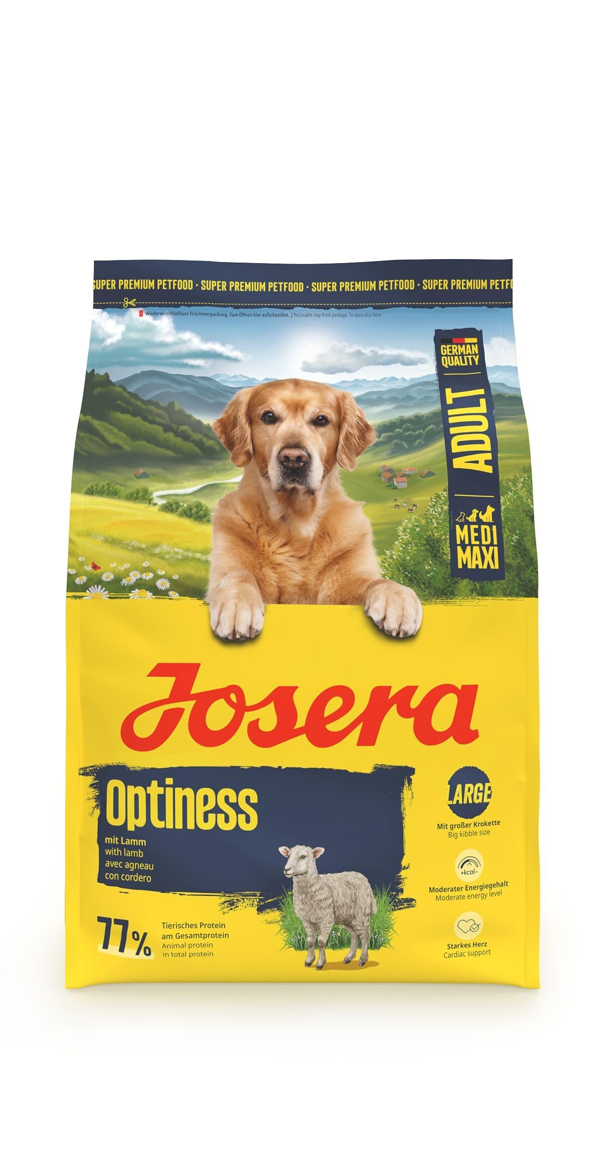 JOSERA Adult Large Optiness Lamm & Reis (1 x 3 kg) | Premium Trockenfutter für ausgewachsene Hunde | eiweißreduziert | weizenfrei | wertvolle Fettsäuren | XL-Kroketten gegen Schlingen| 1er Pack