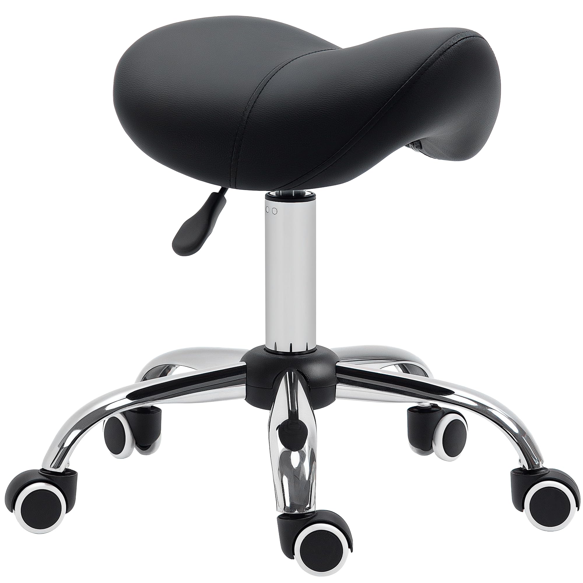 HOMCOM Cosmetic Stool 360° Rotate Height Adjustable Salon Massage Spa Chair Hydraulic Rolling Faux Leather Saddle Stool Mobility, Black