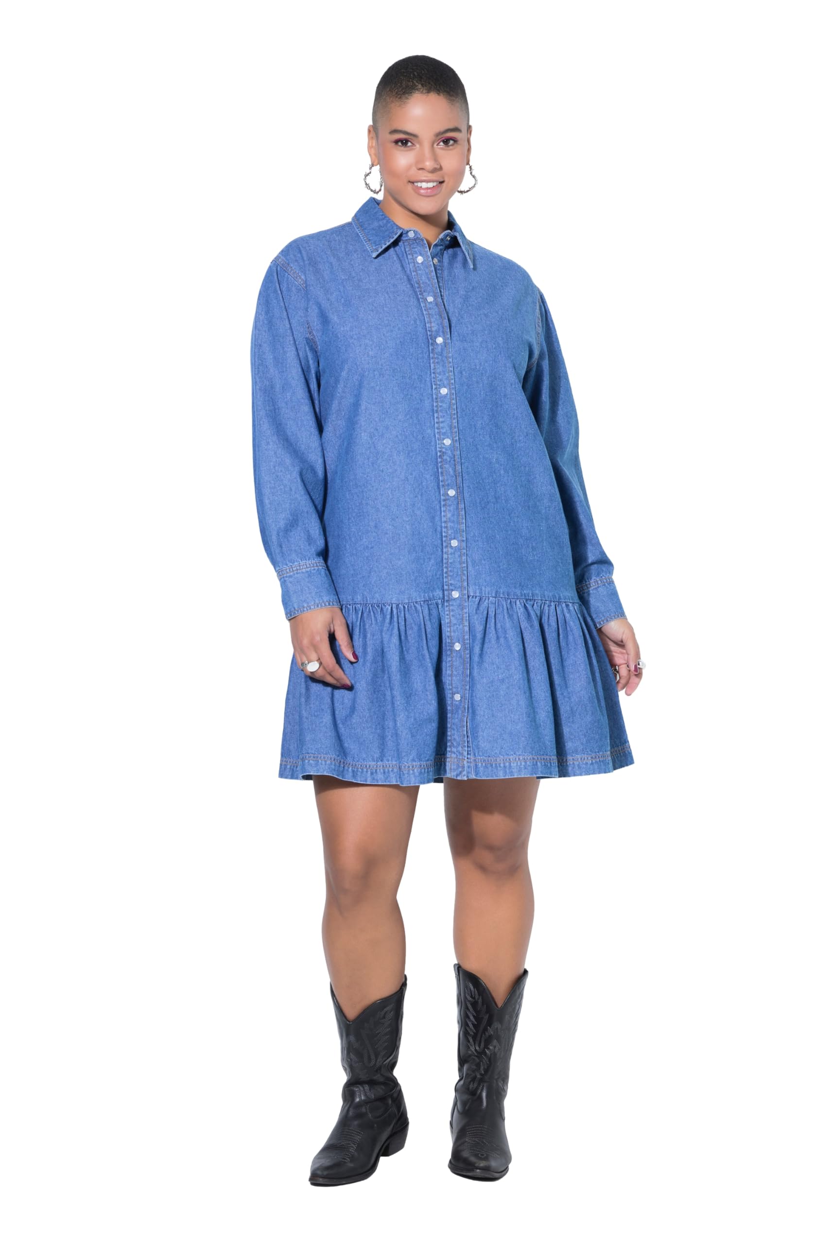 Studio Untold Damen große Größen Übergrößen Plus Size Jeanskleid, Oversized, Saumvolant, weiter Langarm 848736