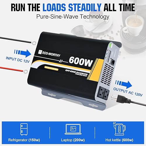 Miniatura 2 de ECO-WORTHY Inversor de onda sinusoidal pura de 600 W, salida de CA, puerto de salida USB, indicador LED, ventiladores de refrigeración duales y