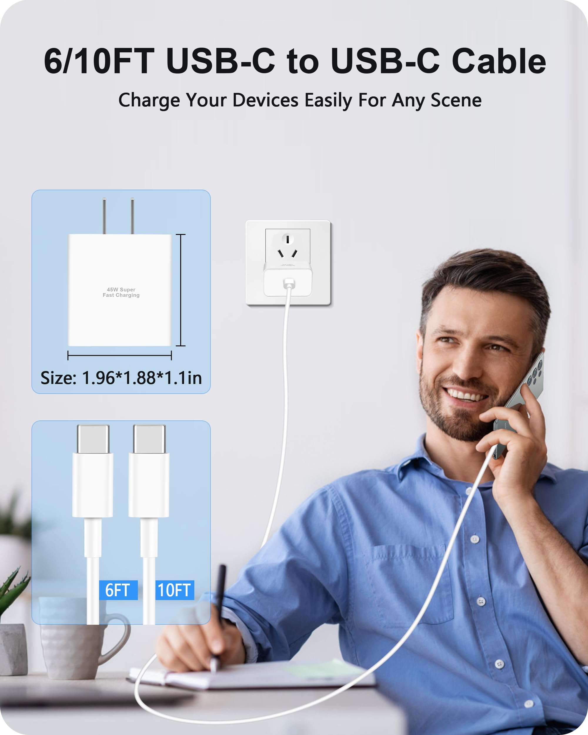 45W USB C Fast Charger for Google Pixel 10/10 Pro/10 Pro XL Fold/9/9 Pro XL/9 Pro Fold/8/8a/8 Pro/7/7a/6/5/4XL, 2-Pack 45W Super Fast Charging Type C Wall Charger Block & 6/10FT Long USB-C to C Cable