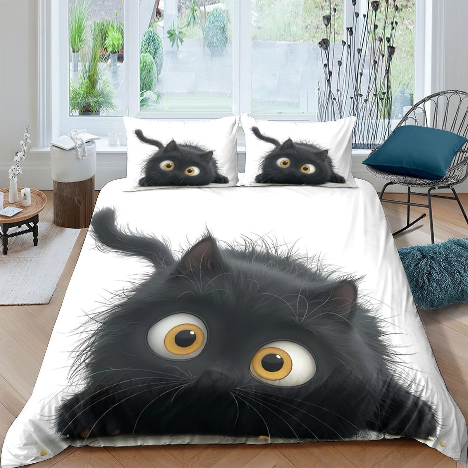 GPLZQXKJNH 3D Printed Black Cat Duvet Cover Microfiber Soft Breathable Cartoon Eyes Bedding Set with 2 Pillowcases for Bedroom Decor, Single（135x200cm）