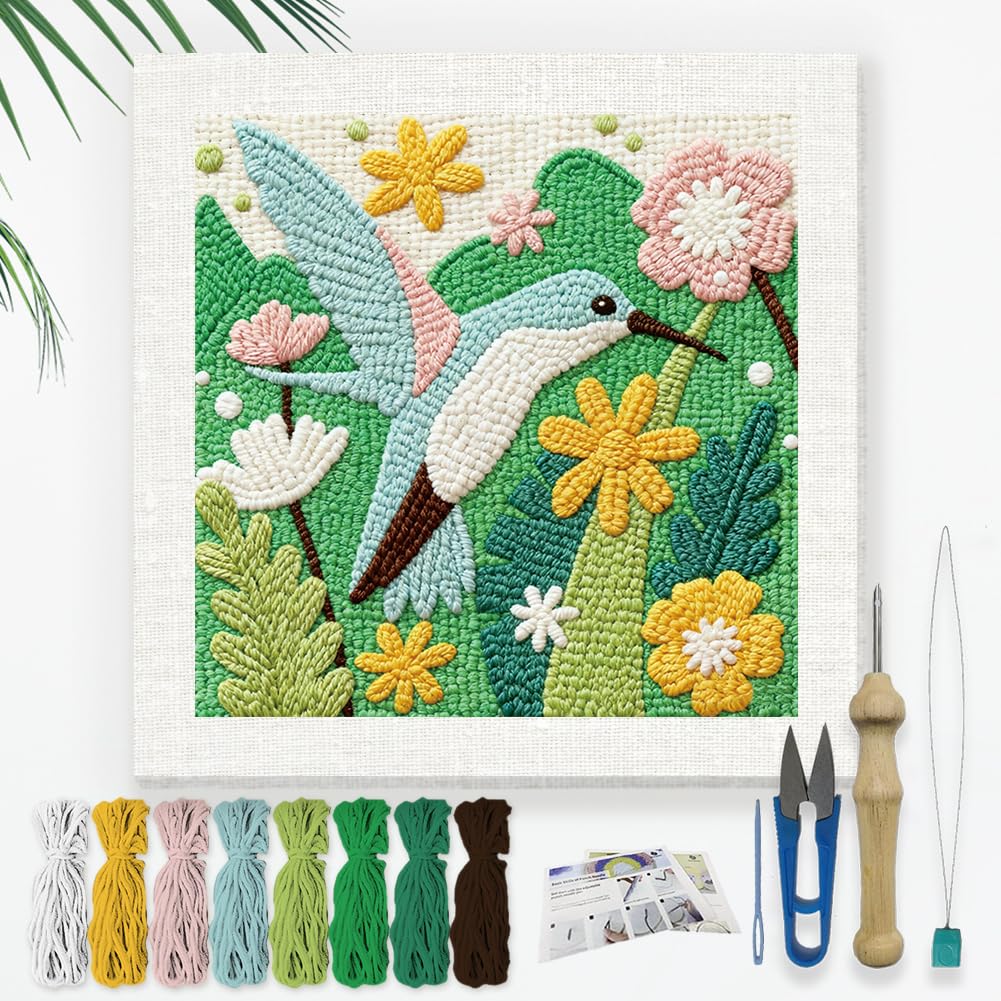 DOODLREAM Hummingbird Flying in Flowers DIY Punch Needle Embroidery Kit for Adult Beginner, 24cm Bird Punch Stitching Craft Set for Starter with Frame, Fabric Pattern, Threader, Yarn, Punch Needle