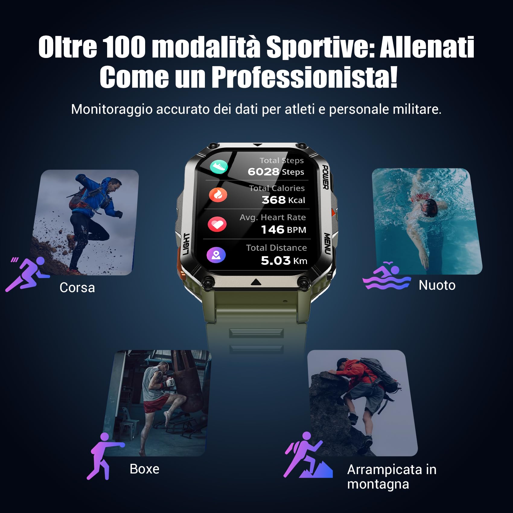 IOWODO Smartwatch Uomo Militare 2.01" con Chiamate Bluetooth, Batteria 900mAh Grande, Torcia LED, Bussola, IP68 Impermeabile, Monitoraggio Cuore/Ossigeno/Sonno, 123 Modalità Sportive, 2 Cinturini