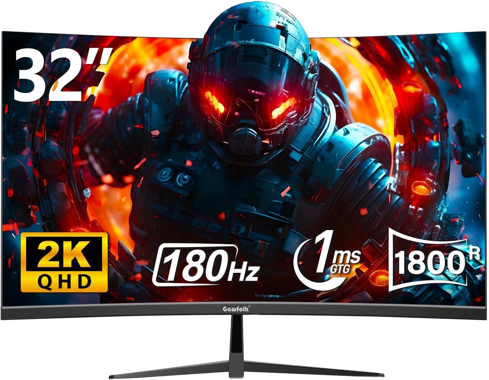 Gawfolk 32 Inch Curved Gaming Monitor, 180Hz 1800R QHD (2560x1440) 2K Computer Monitor with FreeSync, DisplayPort, HDMI, Wall Mountable, Eye Care for Home Office & Gaming