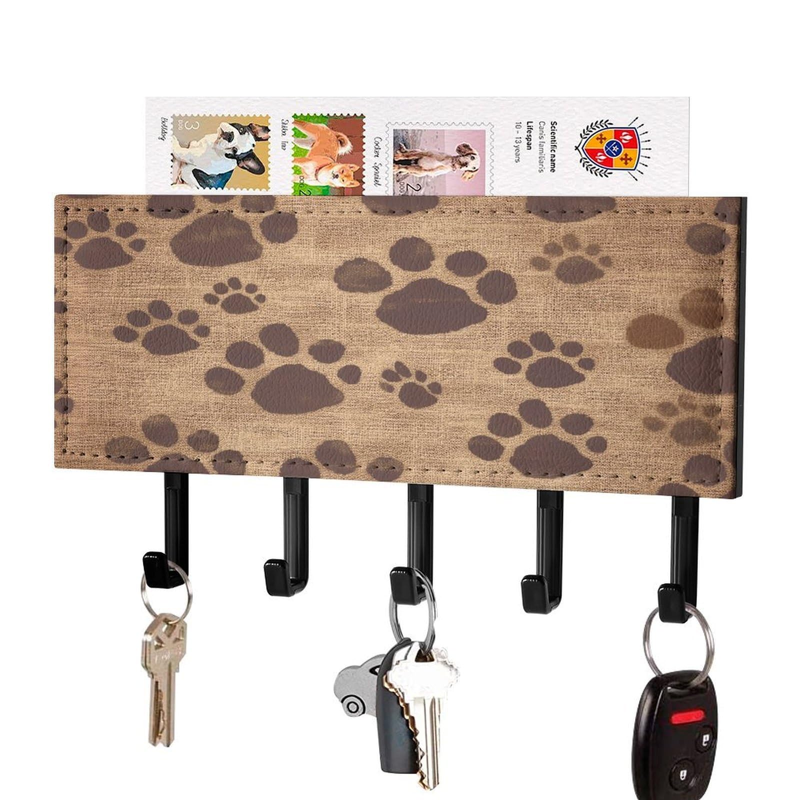 Fekiloot Black-Style Paw Prints Art Key Holder Wall Mount Key Hanger With 5 Hooks Decorative Key Rack Hanging Key Hooks With Mail Organizer Key Holder For Wall Living Room Kitchen Bathroom Hallway Black