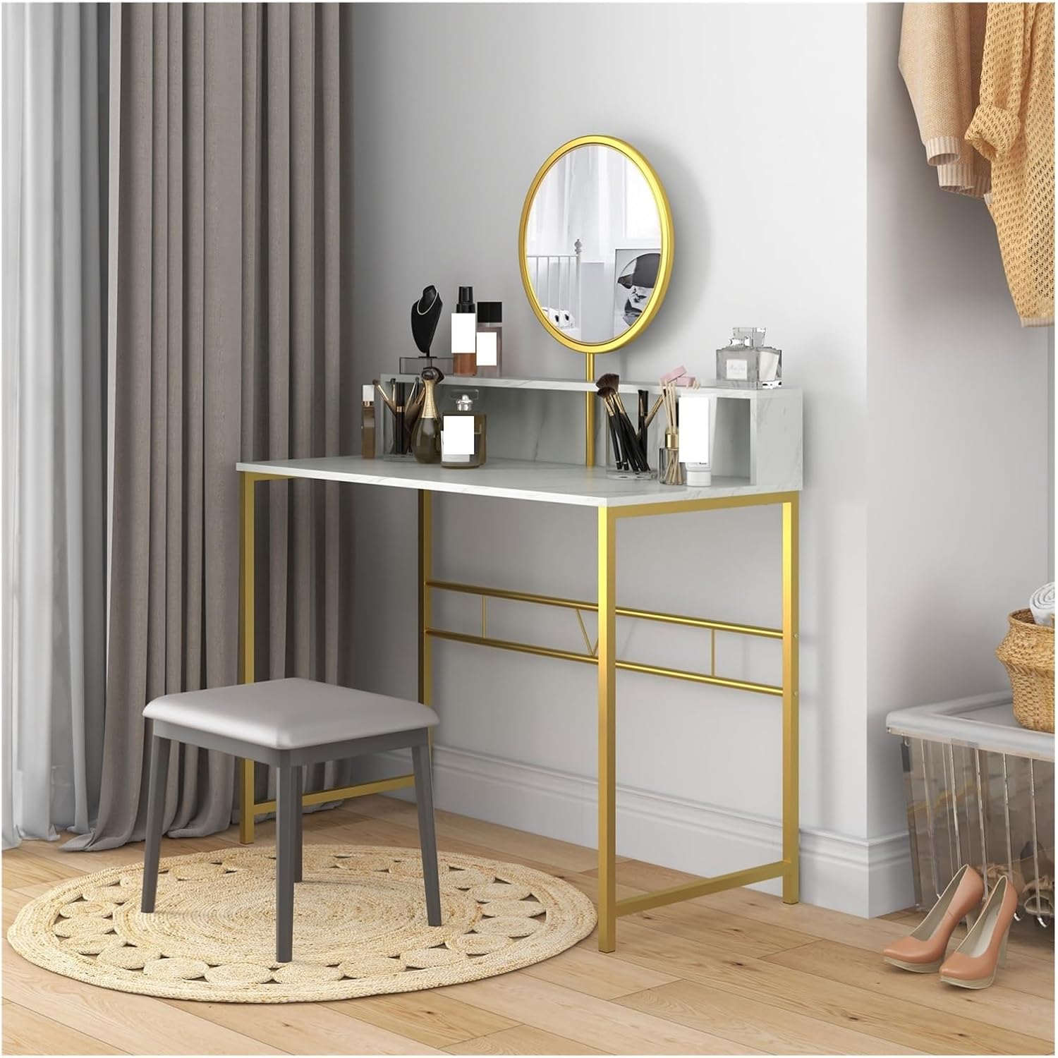Modern Vanity Makeup Desk with Mirror, Dressing Table Open Storage, Faux Marble Finish and Steel Frame for Bedroom, White Gold Gift Women