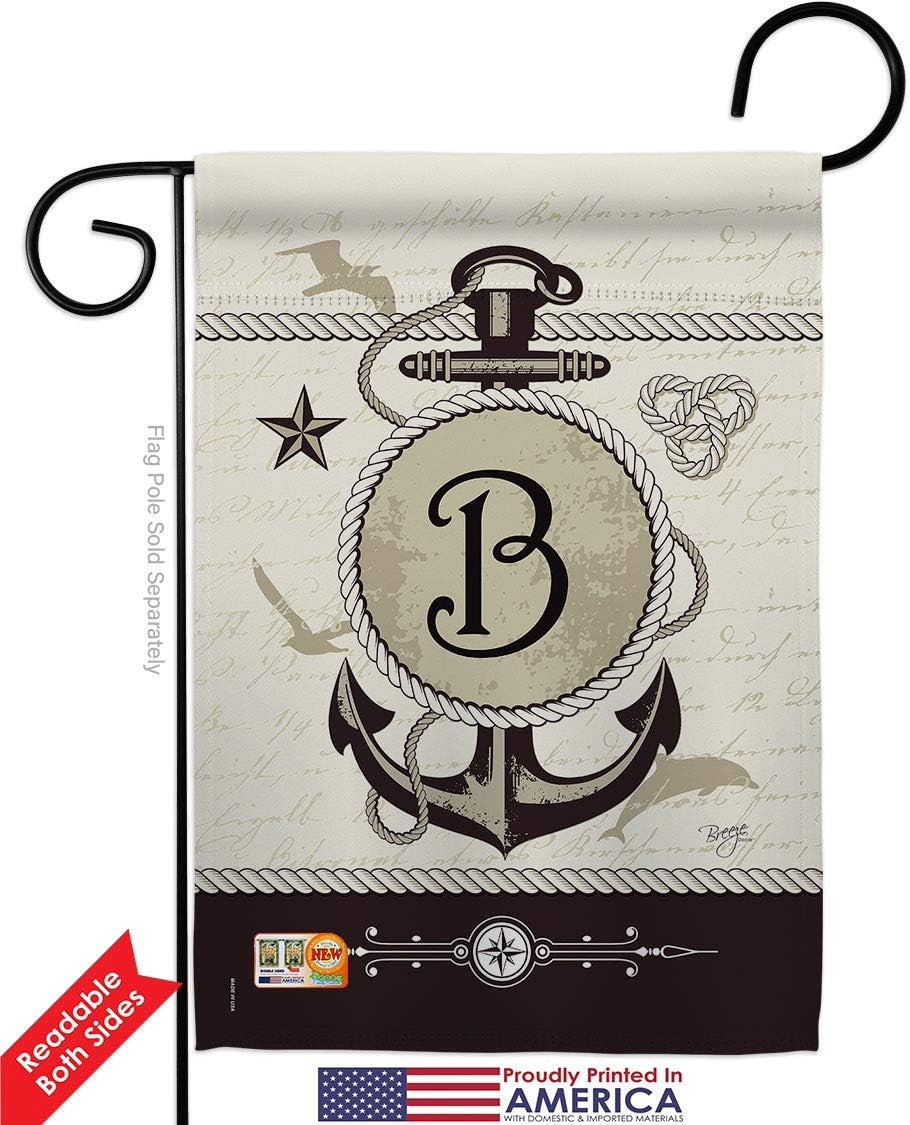 Nautical B Initial Garden Flag Set Wall Holder Monogram Coastal Anchor Sailor Sea Shells Outdoor Summer Ocean Small Decorative Gift Yard House Banner Double-Sided Made In USA 13 X 18.5