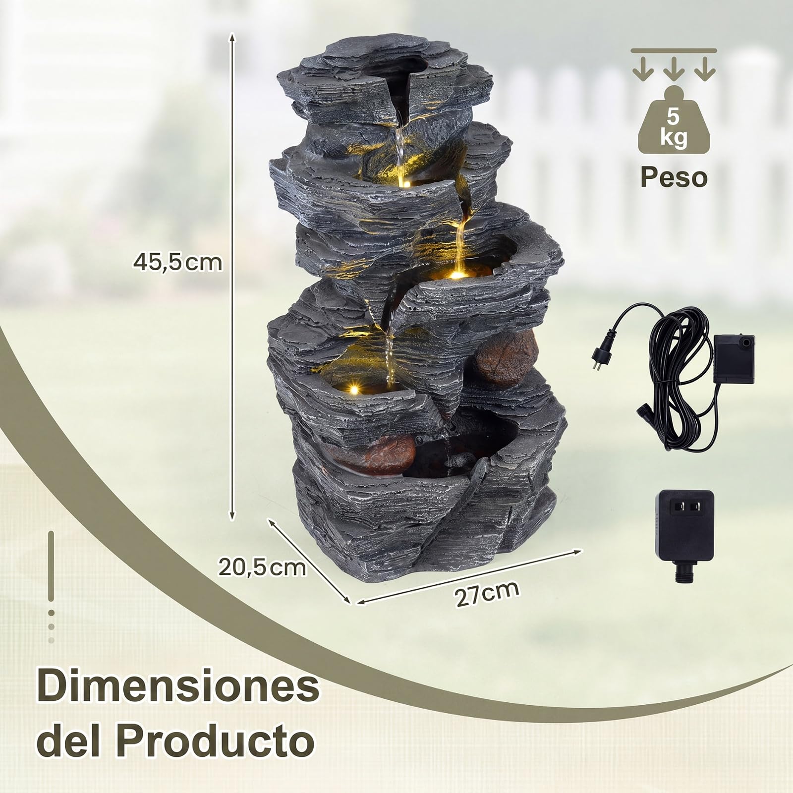 COSTWAY Fuente de Agua en Cascada 5 Niveles, Iluminación LED Bomba, 45,5 cm | Fuente Jardin Exterior, Decoración Independiente de Mesa o Suelo Salón Patio Terraza