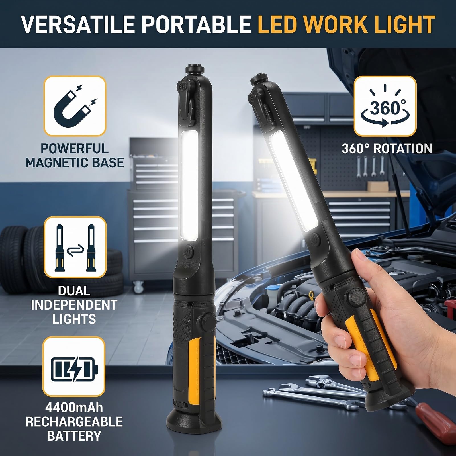 Fafeicy Luce da Lavoro Portatile 1400lm Magnetica Rotazione 360 Gradi per | Luce da Officina, Custodia in ABS, estremità Magnetiche, Tre modalità di Illuminazione, Ricarica Tramite Type C, Resistenza