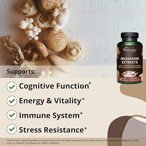 Miniatura 3 de Vegavero Suplemento orgánico de hongos  11,800 mg  Melena de león, Reishi, Cordyceps  Nootrópico + apoyo inmunológico natural  90 cápsulas