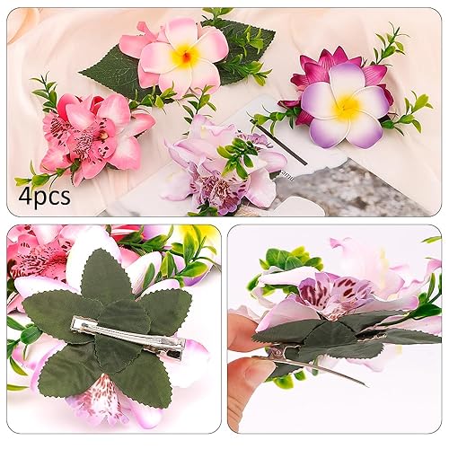 Miniatura 9 de Ahoney 4 pinzas para el cabello con flores de Plumeria para mujeres y niñas, pasadores de pelo de flores artificiales hawaianas, horquillas de pelo