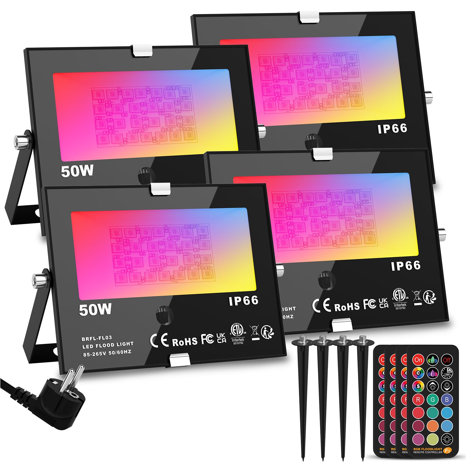 ChangM RGB LED Strahler 50W Flutlicht IP66 Wasserdicht Außen Mit Fernbedienung 4er Pack