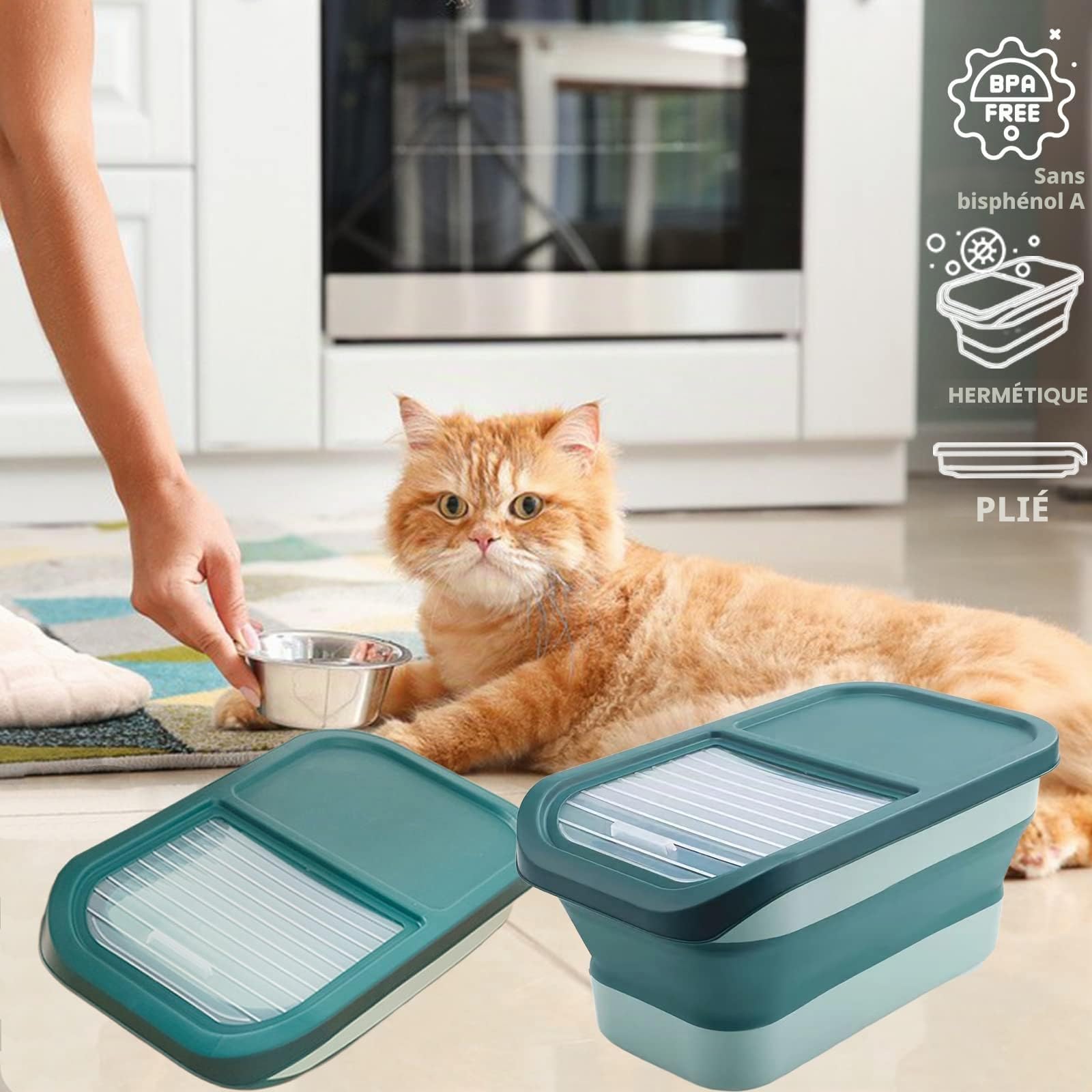Conteneur Croquette Nourriture pour Chien Chat 7kg Seau de Stockage Pliable Container avec Cuillère Tasse à Mesurer Boite à Croquettes Chat pour Nourriture et Friandises Animaux Vert