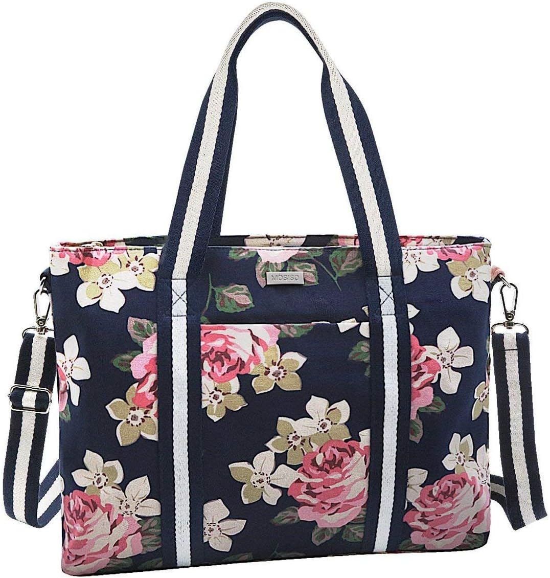MOSISO Laptop Tote Bag (Up to 15.6 Inch),Canvas Classic Multifunctional Work Travel Shopping Duffel Carrying Shoulder Handbag Compatible Notebook, MacBook, Ultrabook and Chromebook,Dark Blue Base Rose