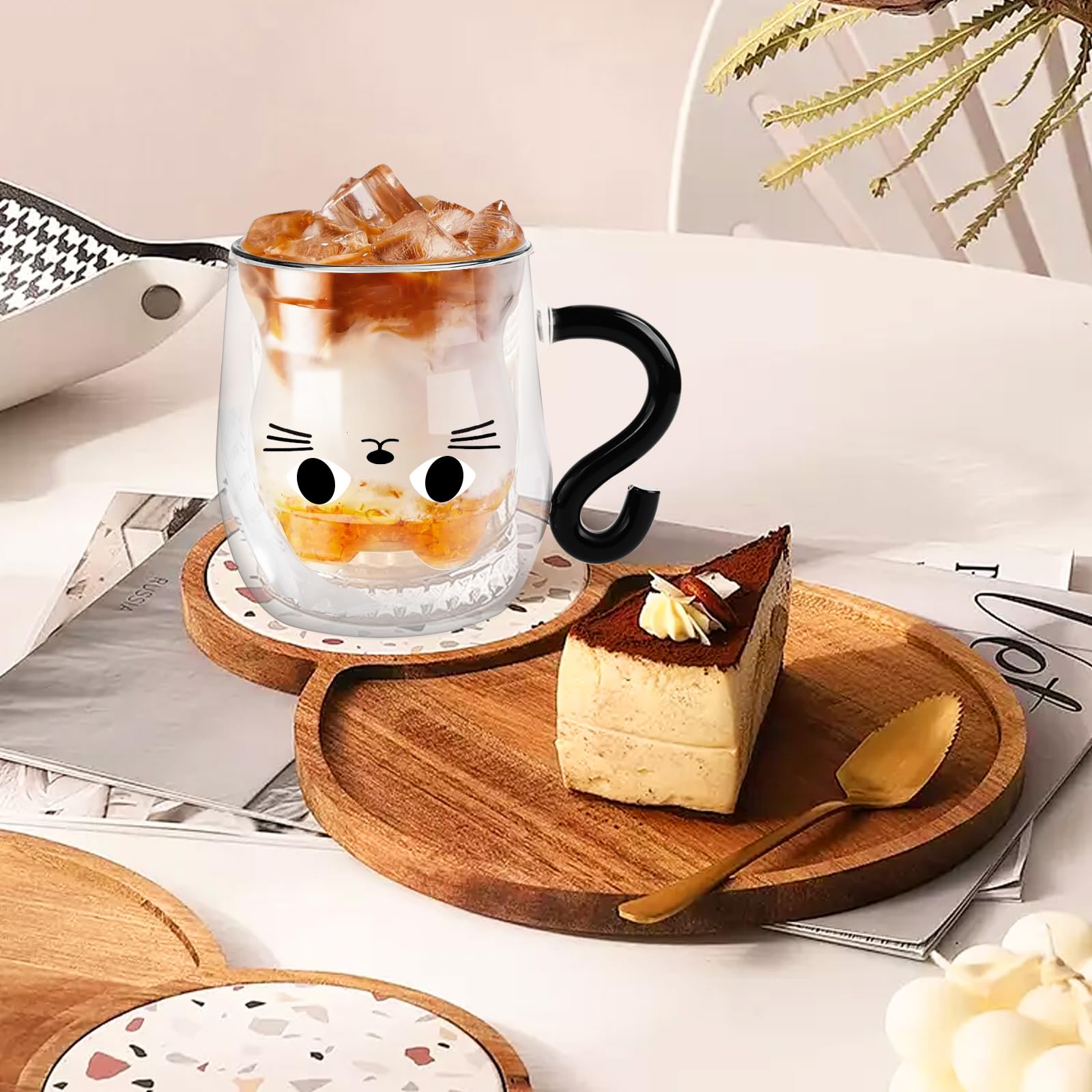 Tazza In Vetro A Doppia Parete 280 Ml Con Gatto E Cucchiaio - Idea Regalo Per Amanti Dei Gatti
