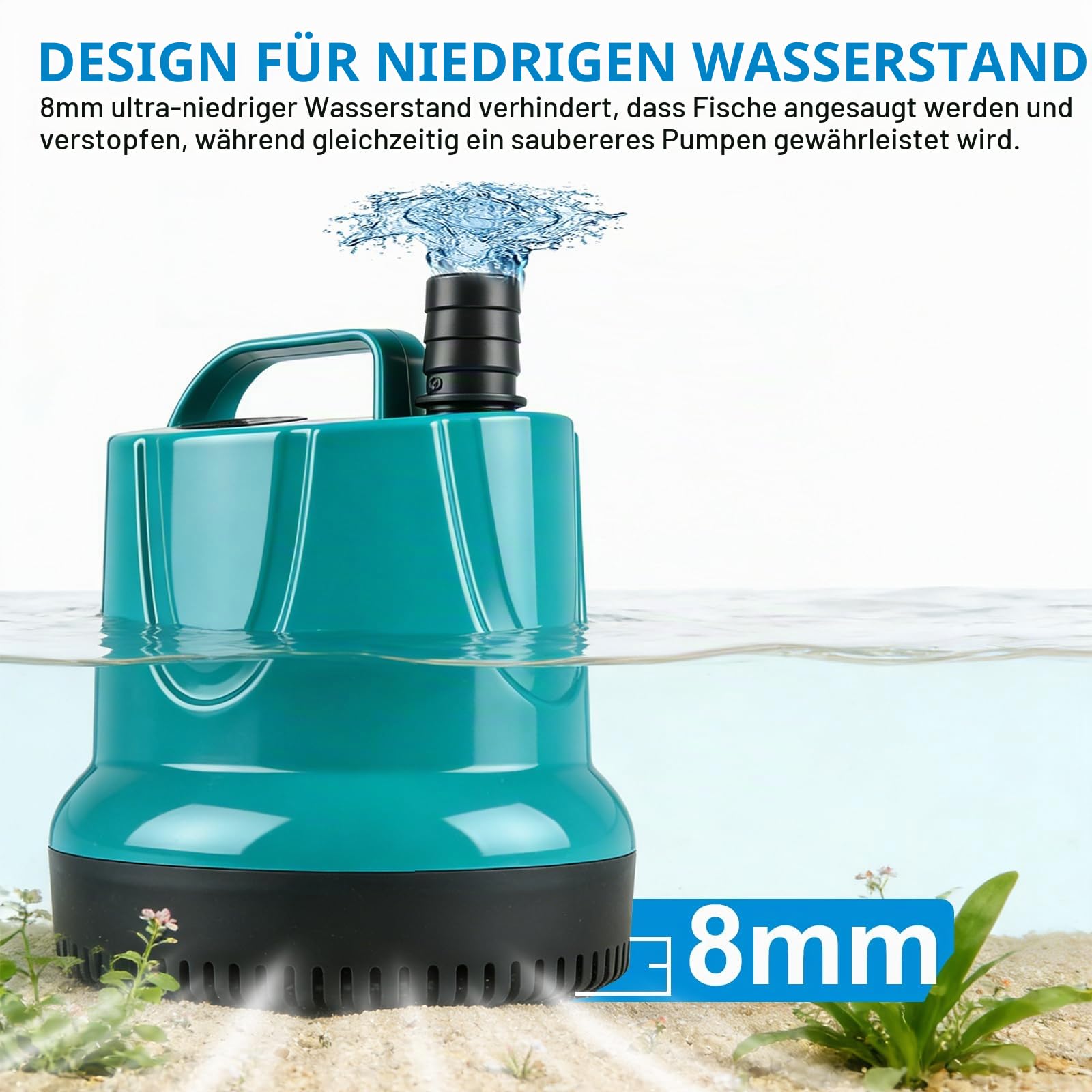 EXLECO Kleine Teichpumpe 85W 4000L/H Tauchpumpe Schmutzwasserpumpe Grün | Aquarium Wasserpumpe Mini mit 2 Düse Schlauch，Flachsaugend Pumpe als BrunnenpumpeFörderpumpe Umwälzpumpe für Teich Pool