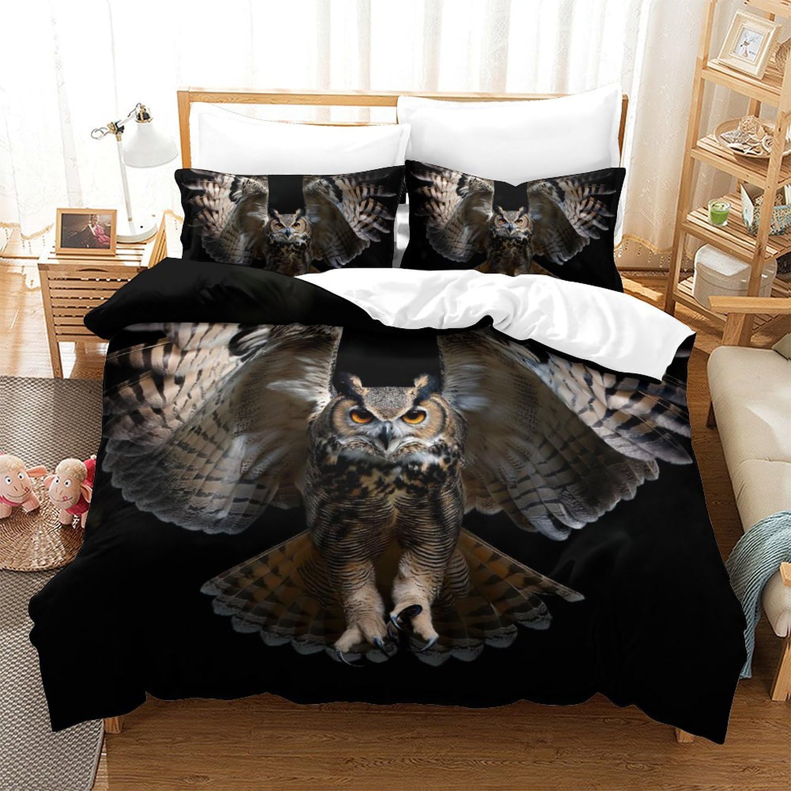 VUDBELAFC 3D Printed Owl Duvet Cover Bedding Set 3pcs,Soft Microfiber Quilt Cover with Pillowcases And Zipper Closure,for Adults And Teens Double（200x200cm）