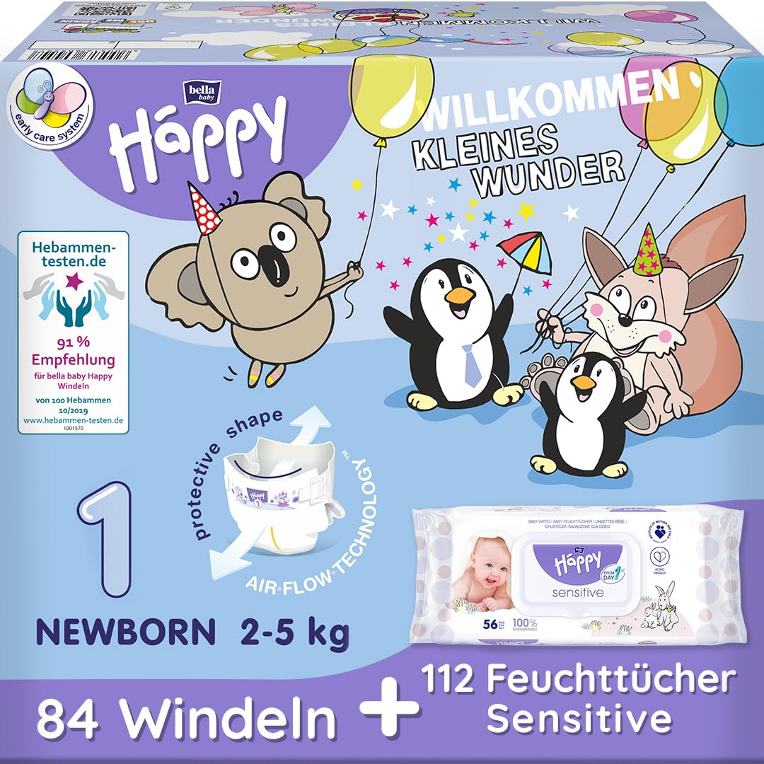 bella baby Happy Windeln comfort Größe 1 Newborn 2-5 kg | Geschenk zur Geburt | 84 Windeln + 2er Pack Feuchttücher Sensitive | Babyerstaustattung
