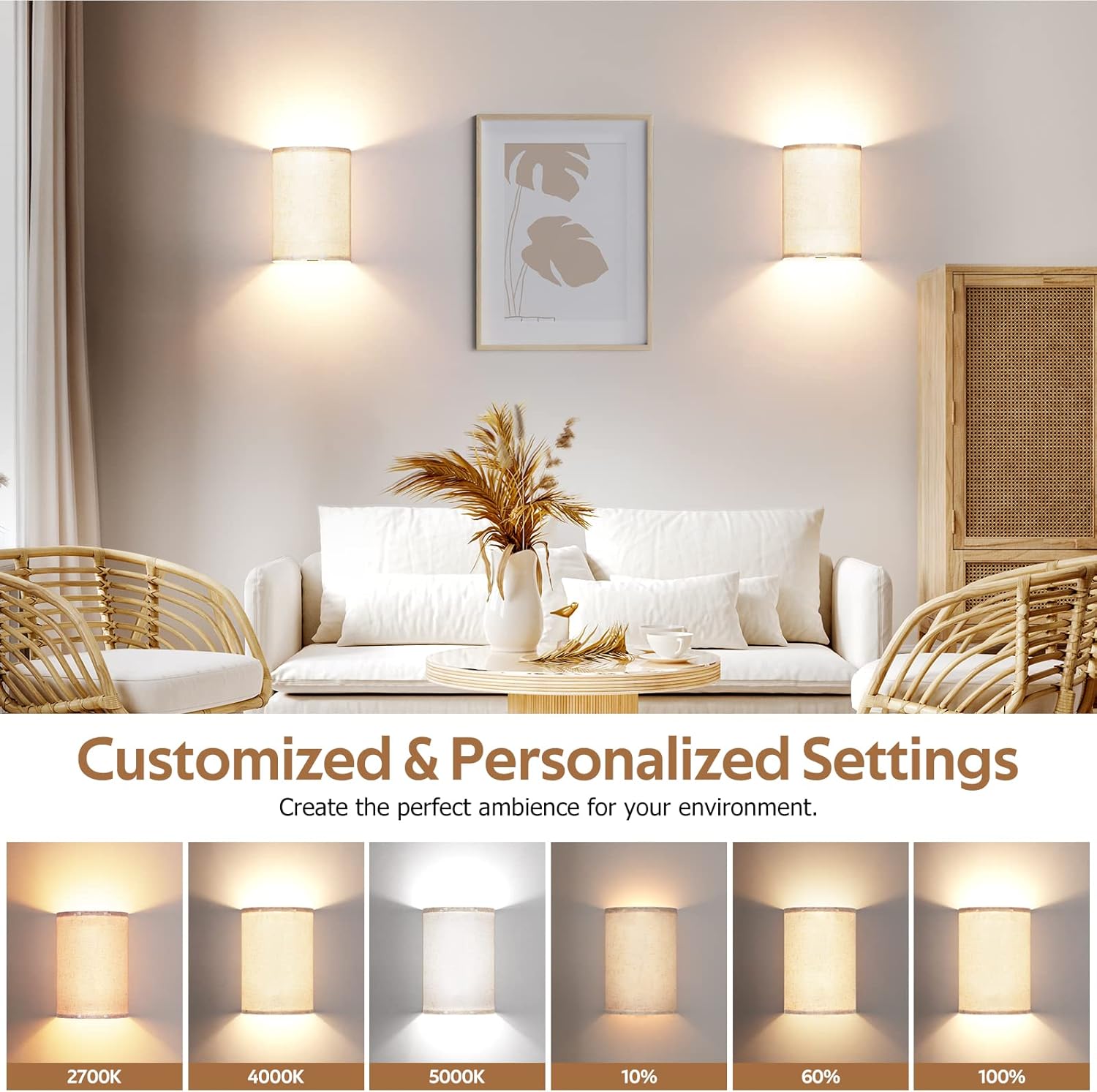 Wall Sconces Set of Two, Battery Operated Wall Sconces 3 Colors Changeable Dimmable Wall Lights Fixtures with Remote Control Fabric Wall Lamp Sconces for Bedroom Living Room Hallway