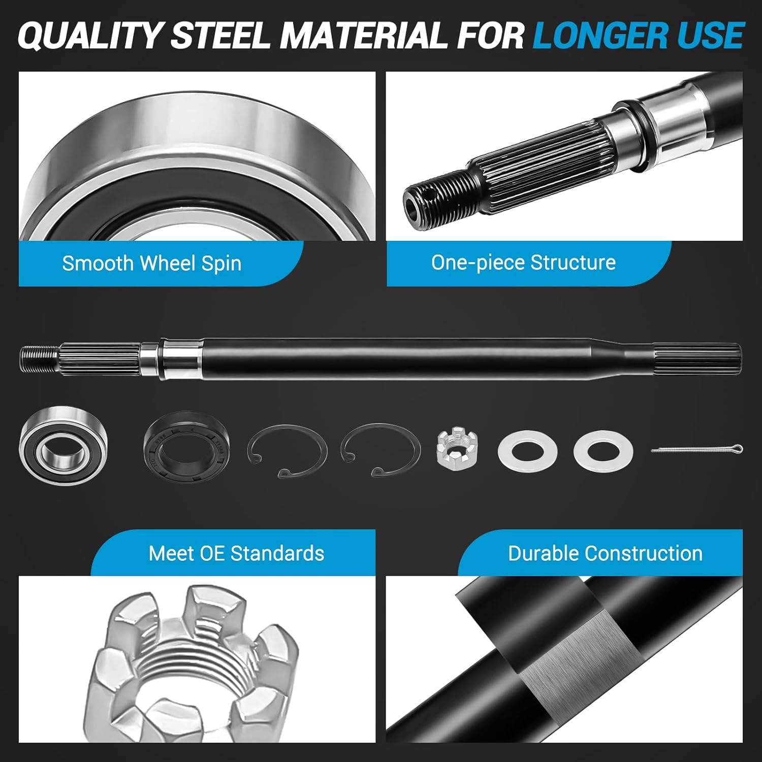 Golf Cart EZGO TXT Rear Splined Axle Shaft Kit with Bearing Seal Kit, Fit EZGO TXT Medalist Electric 1994-2013, OEM Replace# 20377-G11 (Driver Side), 20377-G12 (Passenger Side)
