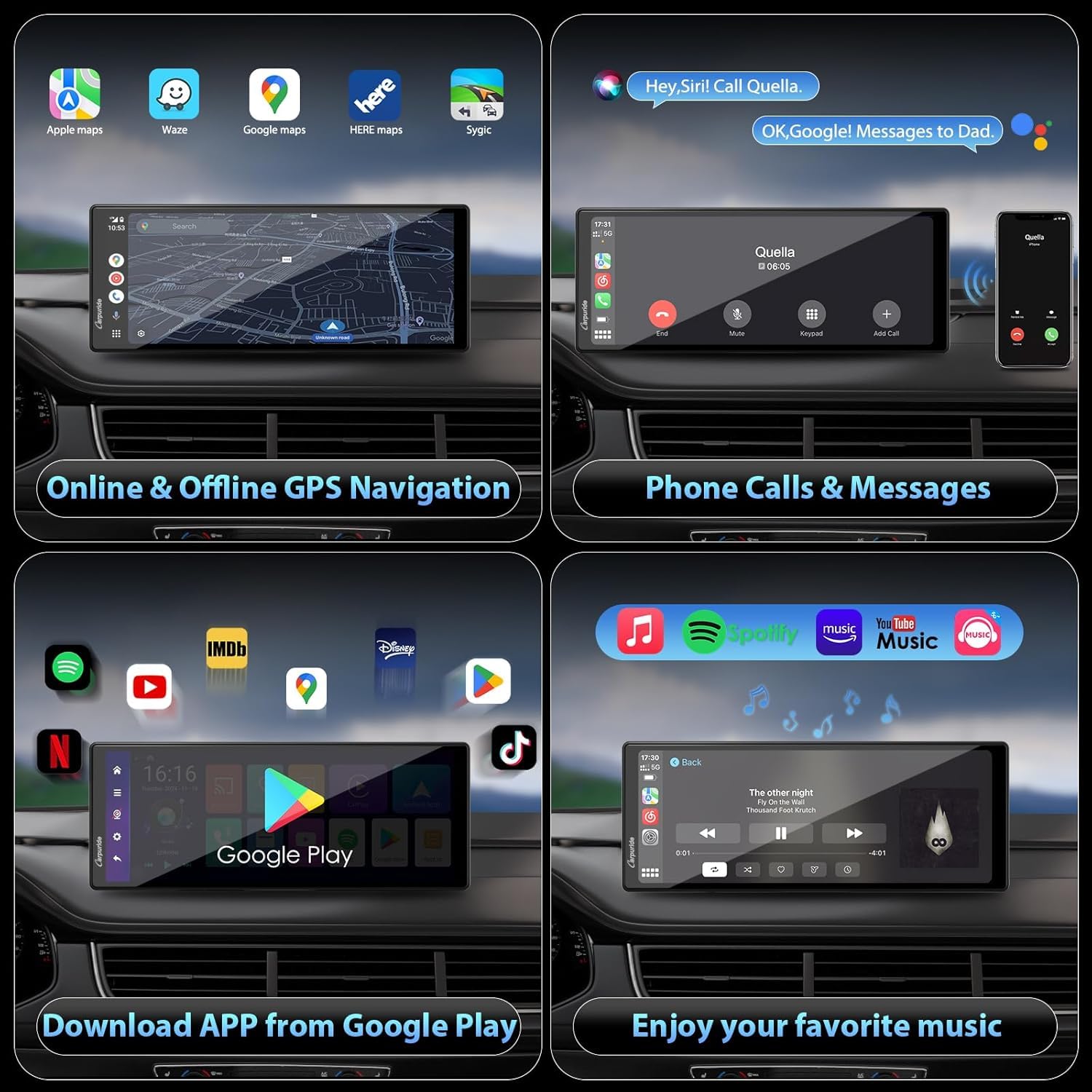 CARPURIDE CarPlay y Android Auto Inalámbricos 4+64 GB, Navegación en Línea y Fuera de Línea, Google Play, Mirror Link, BT, Antena GPS, Cámara Reversa, Pantalla Completa 10.26", área Visualización 9.3"