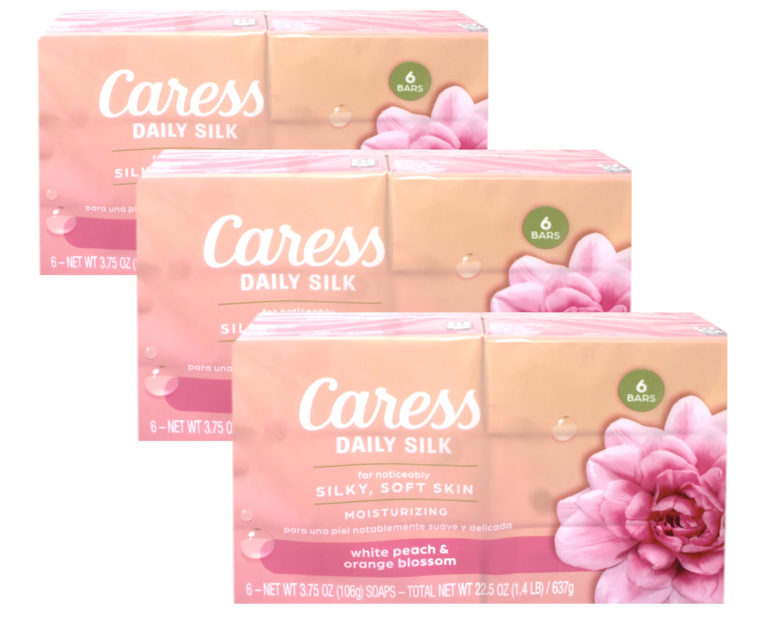Caress Daily Silk Moisturizing Soap White Peach & Orange Blossom, 6 Bars, 3 Pack