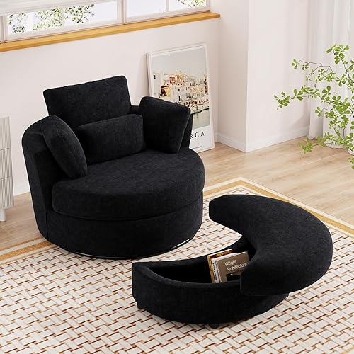 Oversized Swivel Accent Chair with Half Moon Storage Ottoman, 42" W Chenille Round Swivel Barrel Chair, Modern Upholstered Comfy Single Sofa Armchair for Living Room, Bedroom, Club(Black)