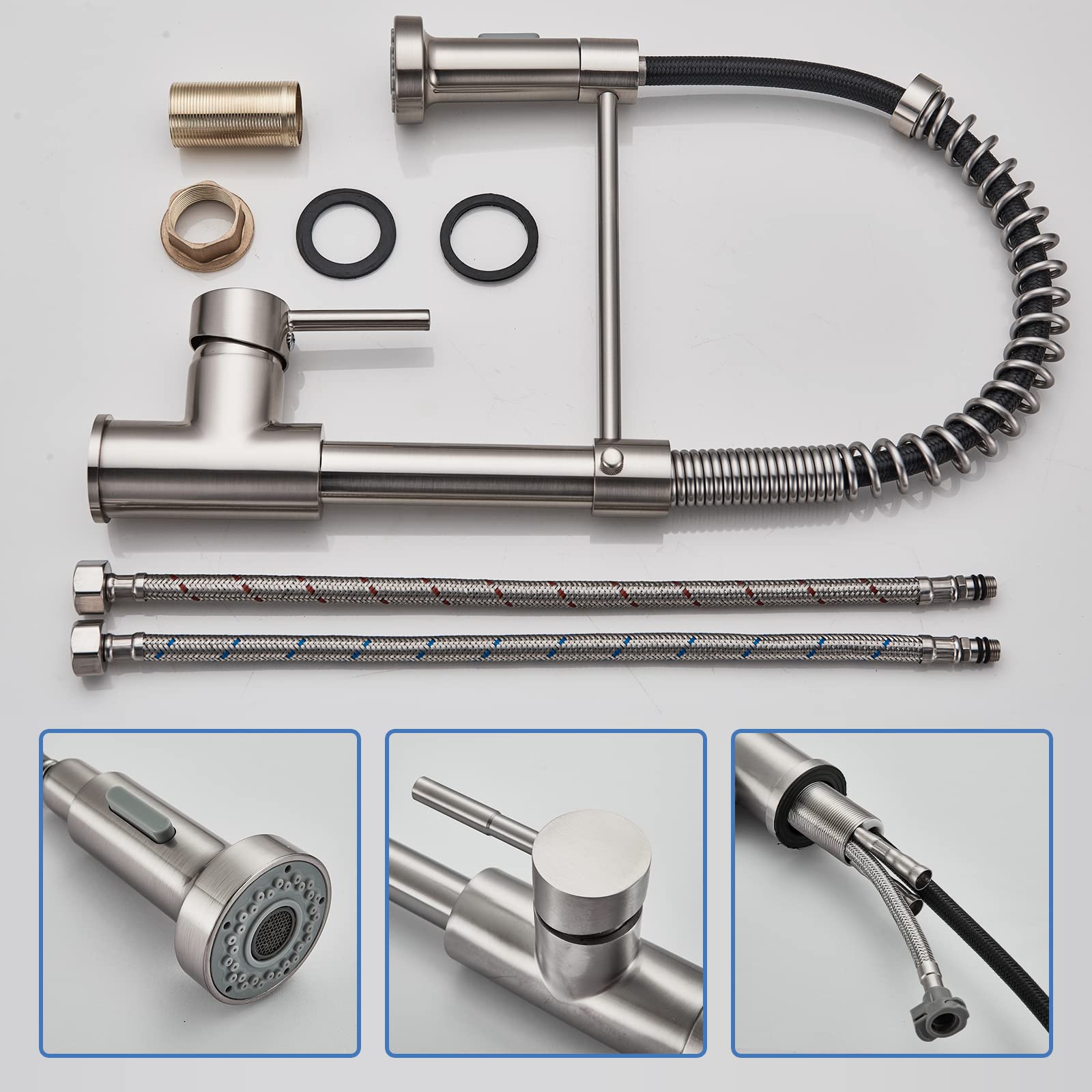 JUNSHENG Robinet de cuisine extractible, mélangeur acier inoxydable haute pression pivotant 360°, nickel brossé