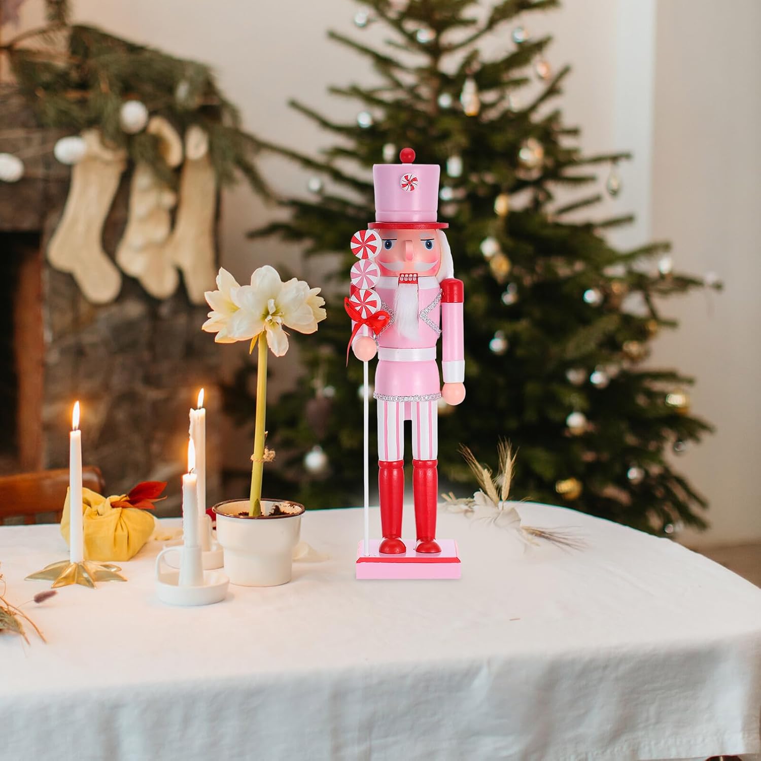 Pink Wooden Nutcracker Figurine with Lollipop Decorative Soldier Doll Christmas Nutcracker Statue Holiday Collectible for Tabletop and Kitchen Shelf Decor