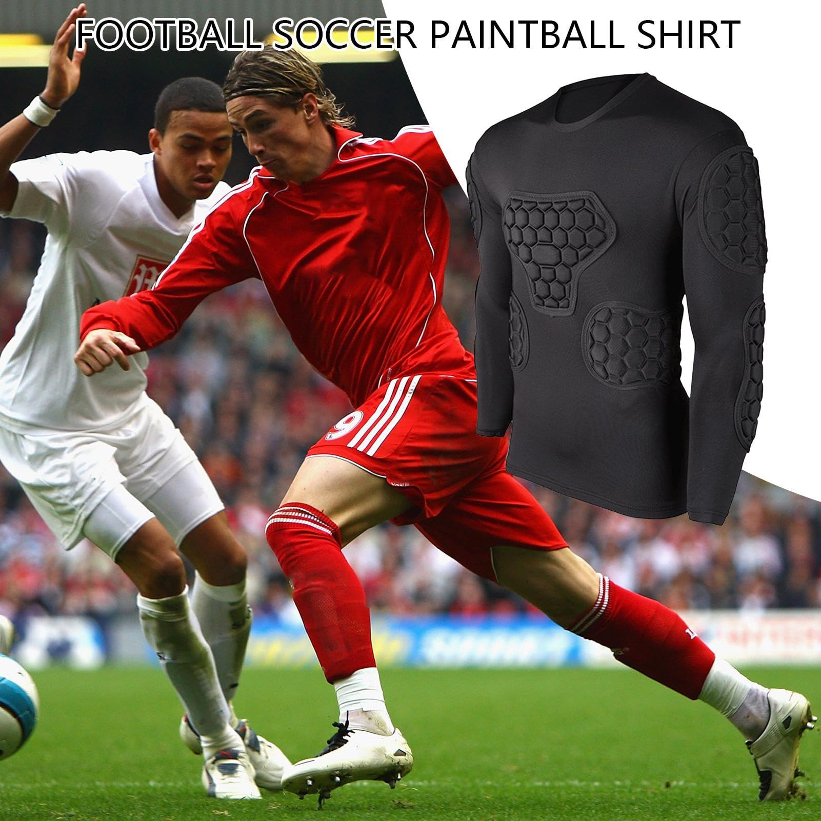 Teksome Camiseta de compresión acolchada de fútbol, camiseta de portero de manga larga negra | Camiseta de fútbol juvenil para fútbol, baloncesto, paintball, rugby, parkour, camiseta acolchada de