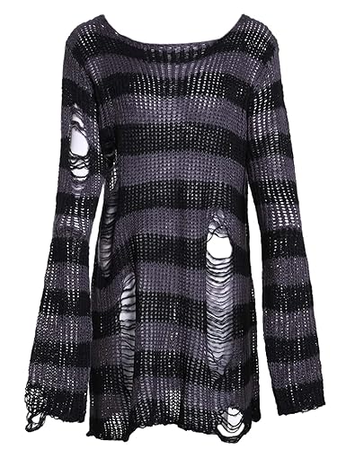 Peaceglad Womens Oversized Goth Punk Ripped Striped Long Sleeve Pullover Sweater Dress Tops - One Size - Gray
