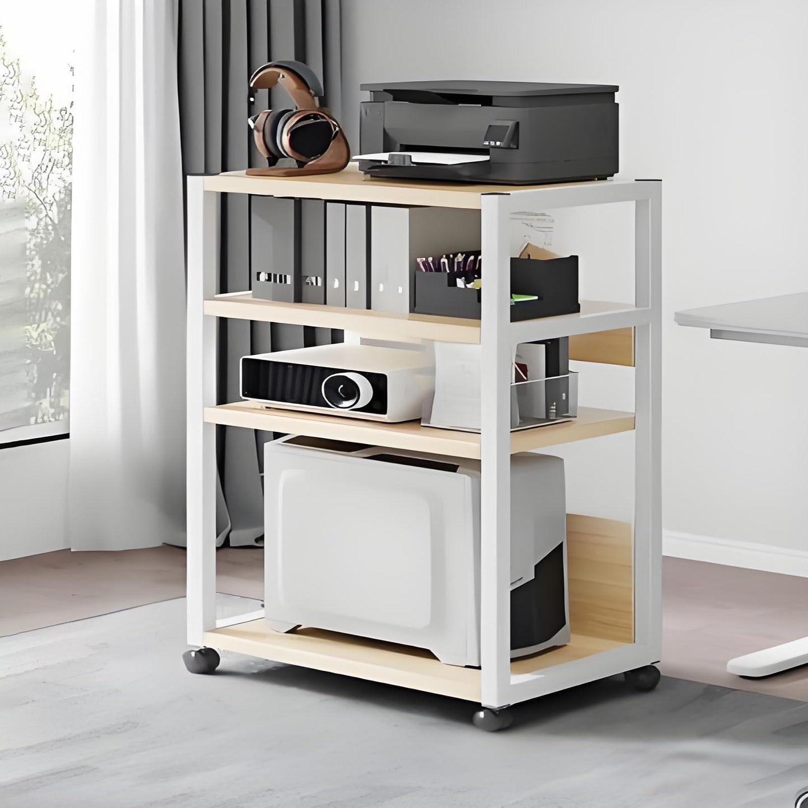 4-poziomowy stojak na media AV z kółkami, otwarty stojak do przechowywania audio na stereo, stojąca wieża audio, nowoczesny design do domowej rozrywki, oszczędność miejsca