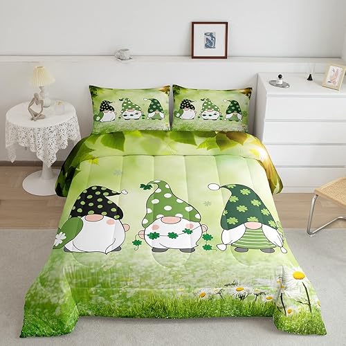 Juego de edredón de plumón de gnomos de primavera, para niños, adolescentes, adultos, hojas botánicas verdes, margaritas, flores, hierba, juego de