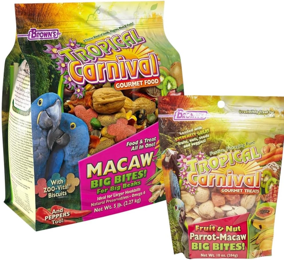 Tropical Carnival Brown’s Gourmet Macaw Bundle Gourmet Macaw Big Bites Food for Big Beaks 5lb and Fruit & Nut Big Bites Treats. 10oz
