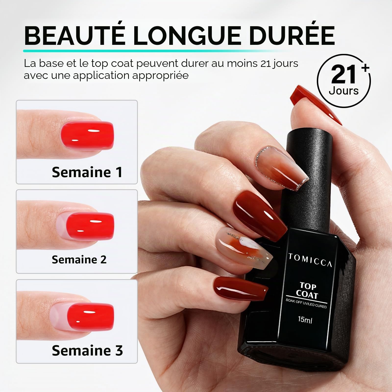 TOMICCA Base et Top Coat Vernis Semi Permanent, 2 * 15ML No Wipe Base Coat et Glossy Top Coat Set, Vernis à Ongles Gel UV/LED Soak-Off Pour Nail Art et Cadeaux Manucure