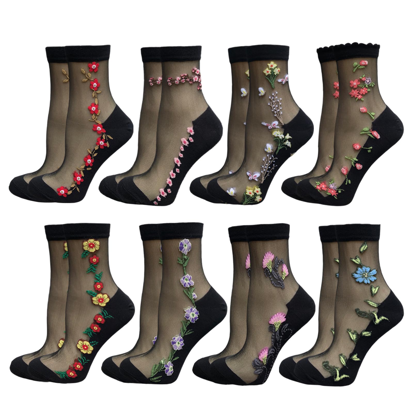 DXYAKY Sheer Mesh Transparent Socks for Women Ultra-thin Lace Fishnet See Through Ankle Socks Novelty Casual Crew Socks, 8 Pairs - Flower Pattern