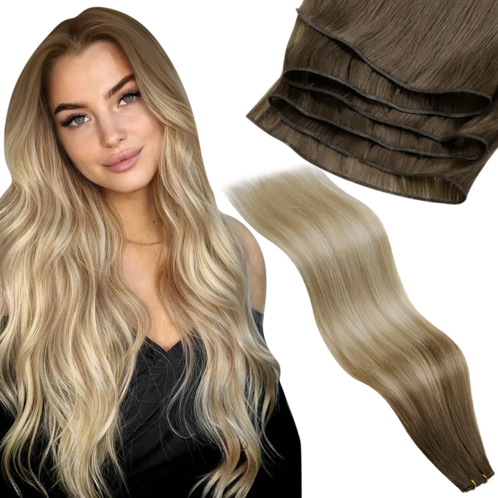 LaaVoo Undetectable Weft Hair Extensions Real Human Hair 20 Inch 60g Balayage Light Brown to Ash Blonde & White Blonde Seamless Double Weft Weave Remy Extensions #8/18/60
